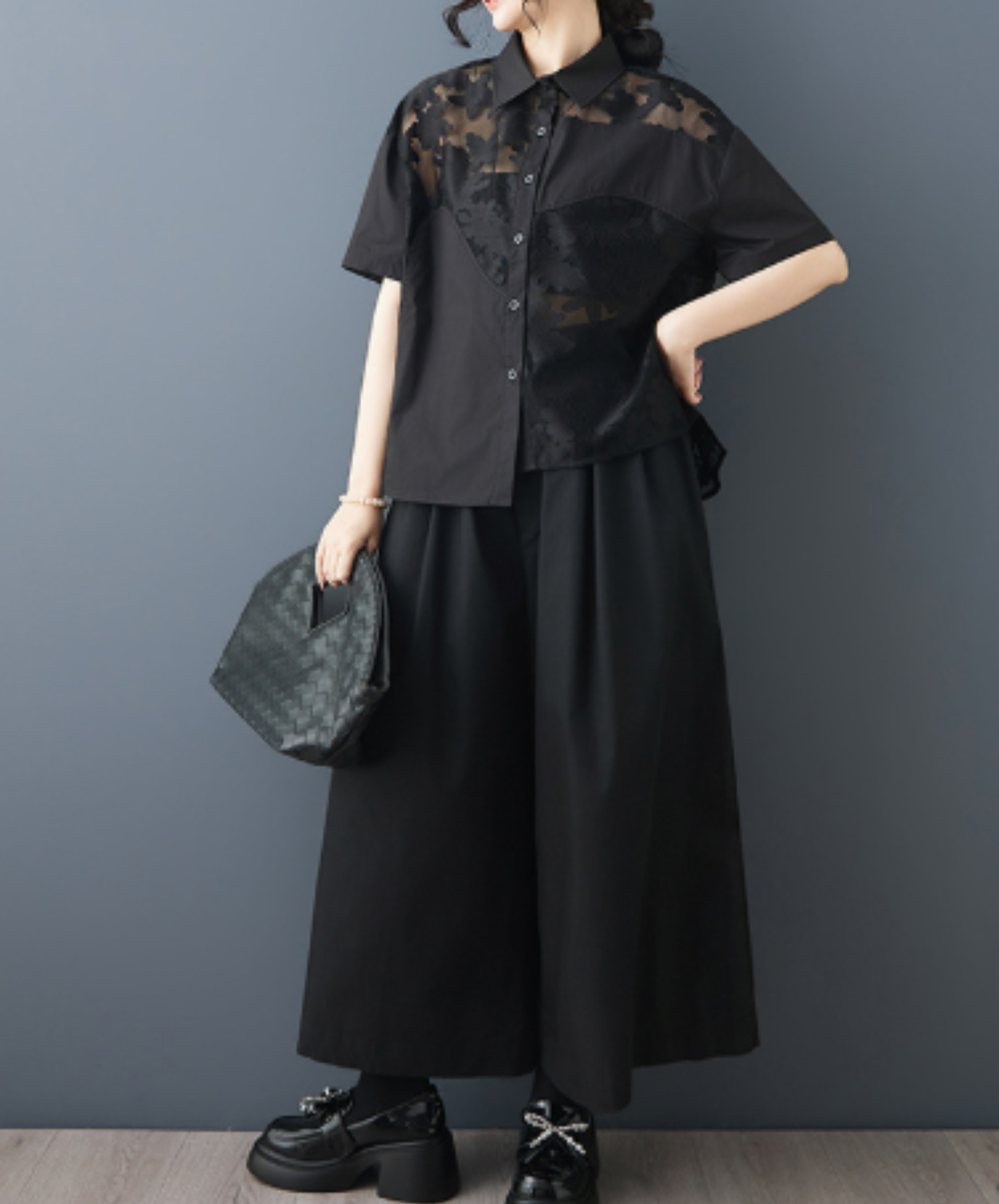 openwork patchwork sheer shirt EN2978