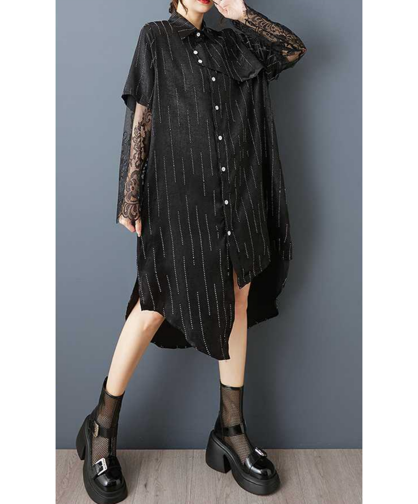 diamond stripe stitch lace long shirt EN2837