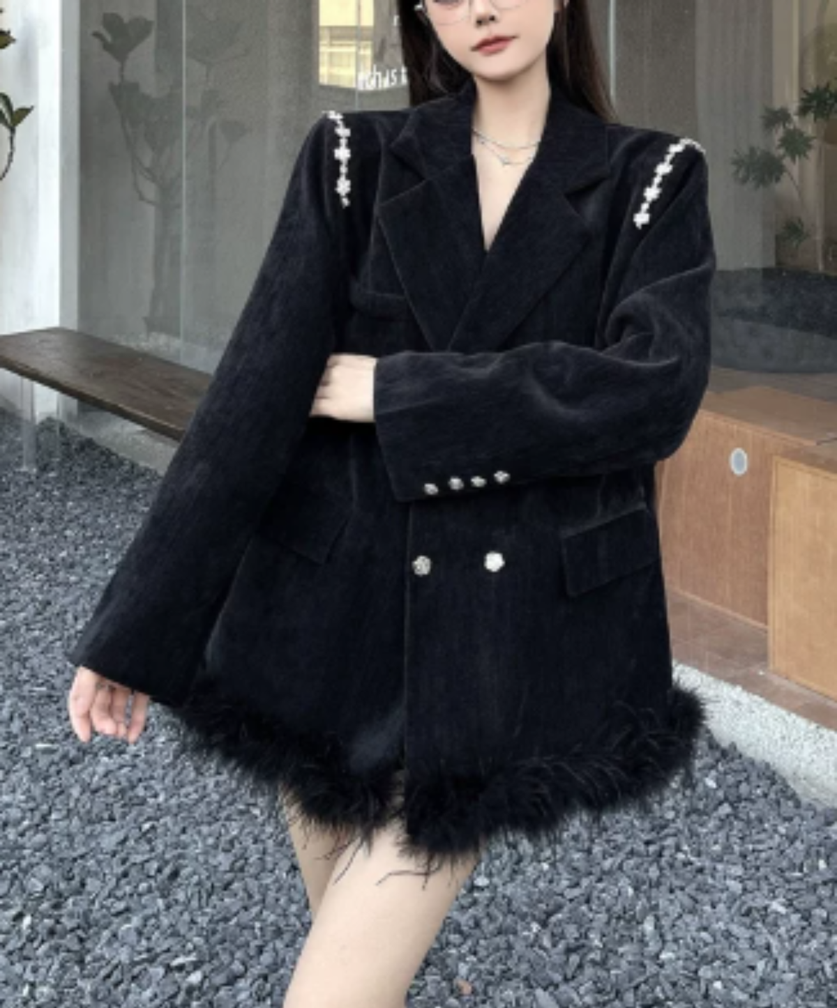 dark fur hem with floral lace embellishment jacket EN3191