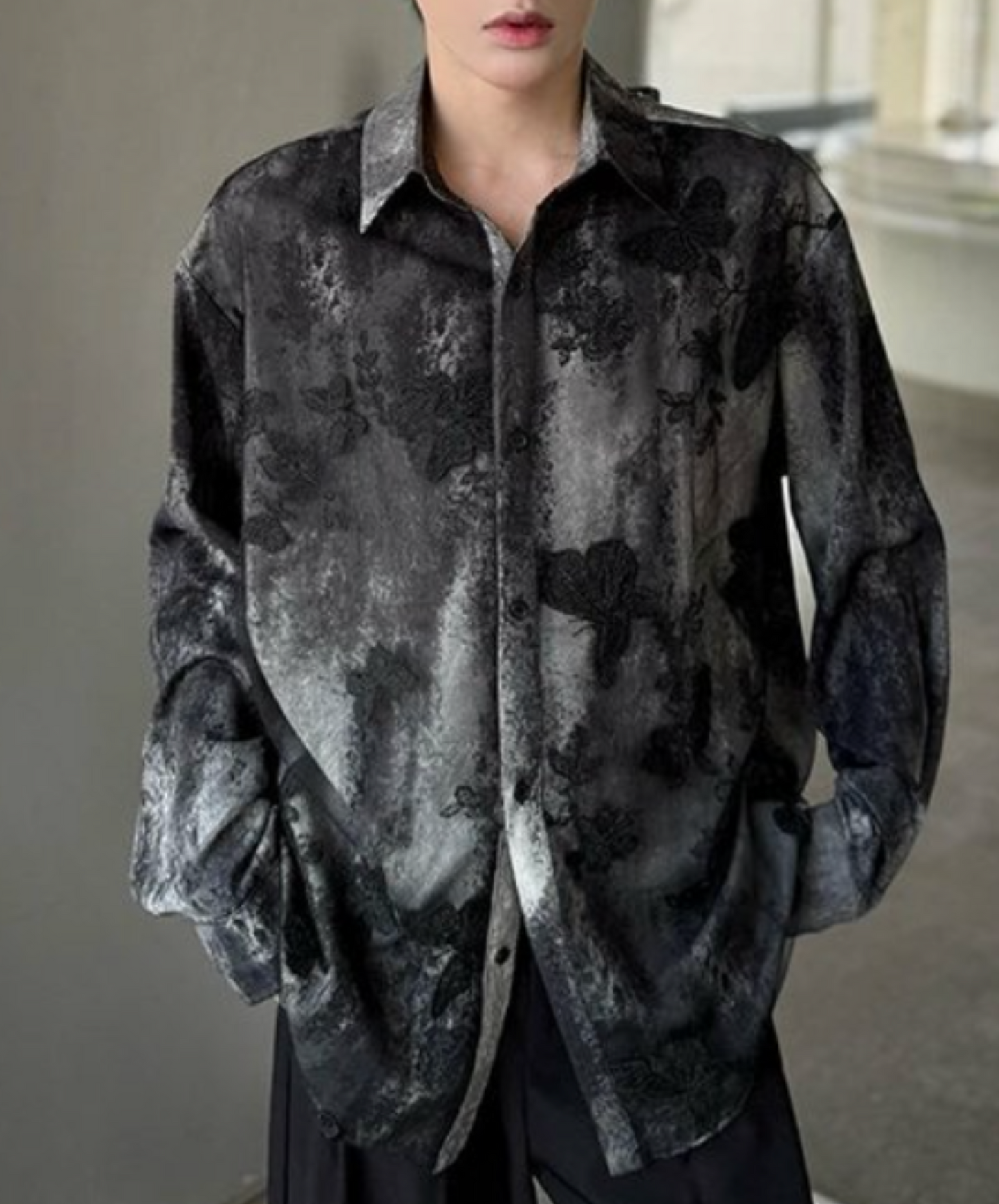 dark lace with 3d butterfly embroidery shirt EN2325