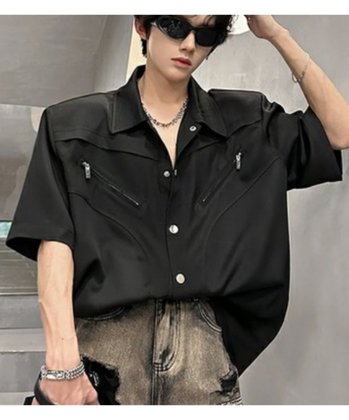 rich metal button zip pocket shirt EN2096