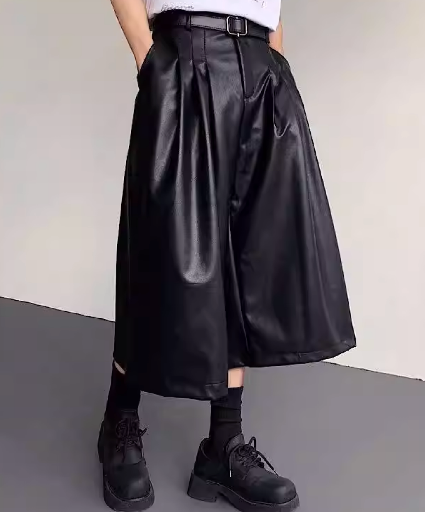 pu leather mid-length wide pants EN2835