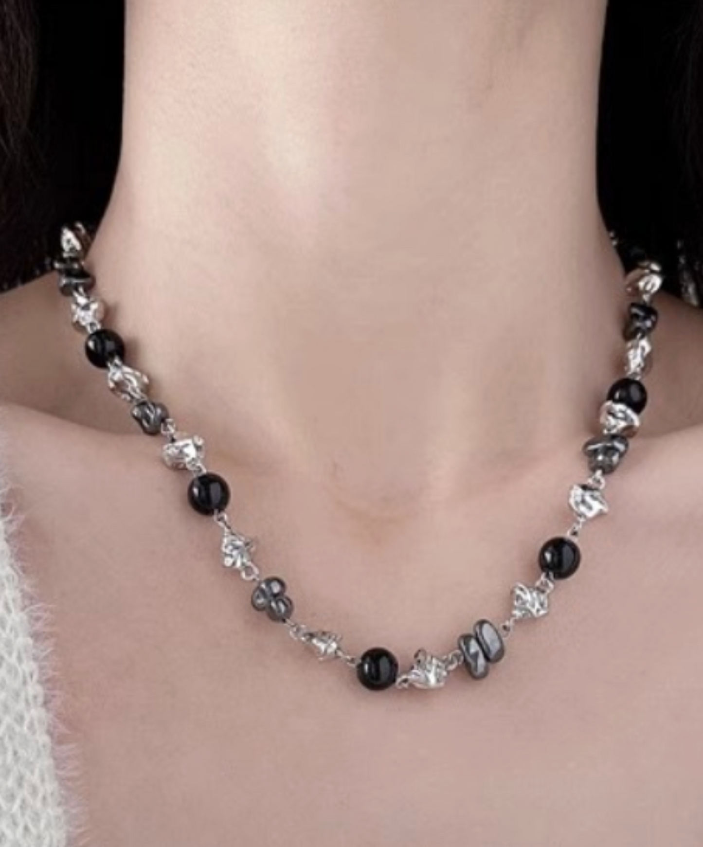 black and silver stone beads necklace EN2599