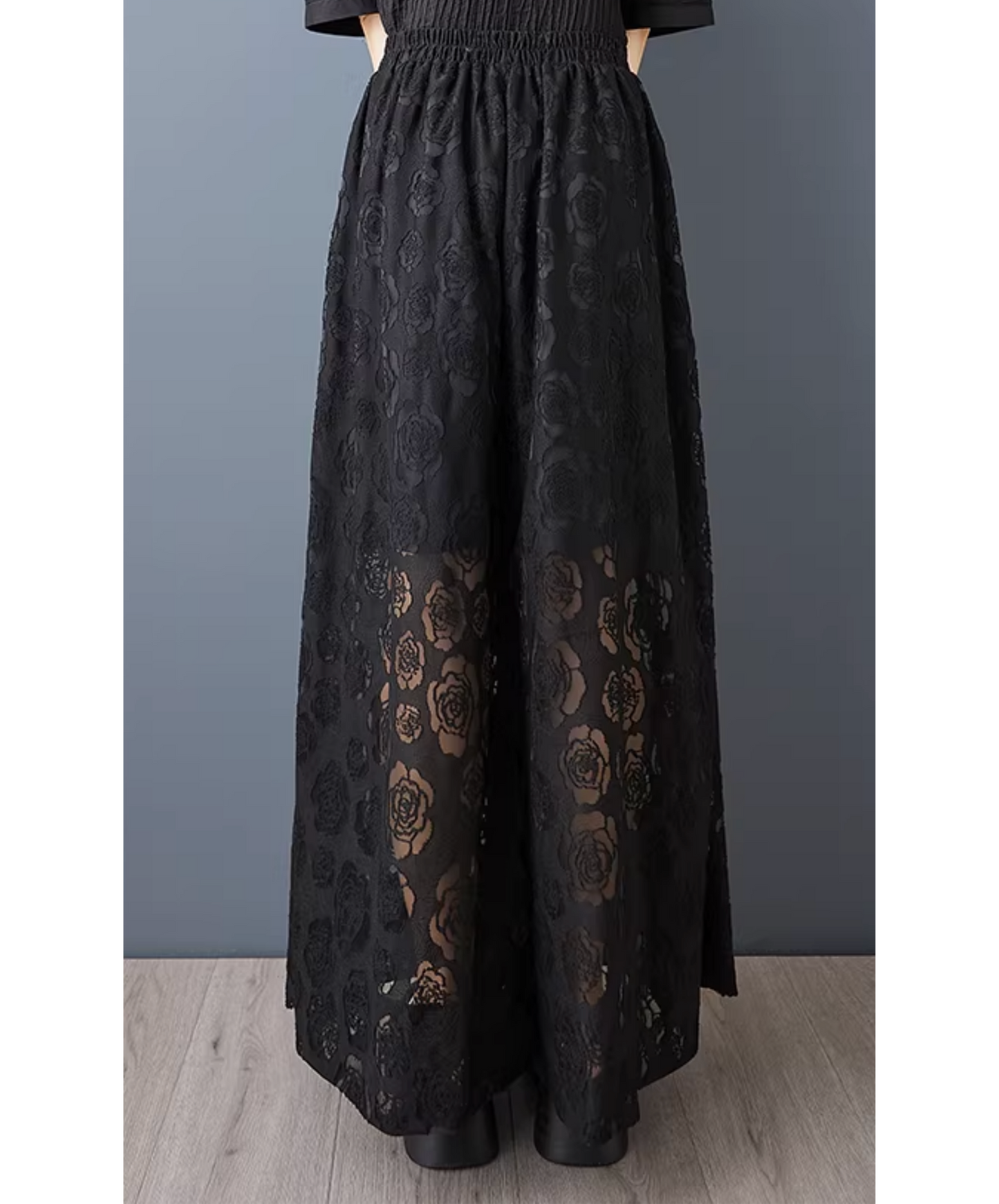 dark rose motif lace design wide pants EN2798