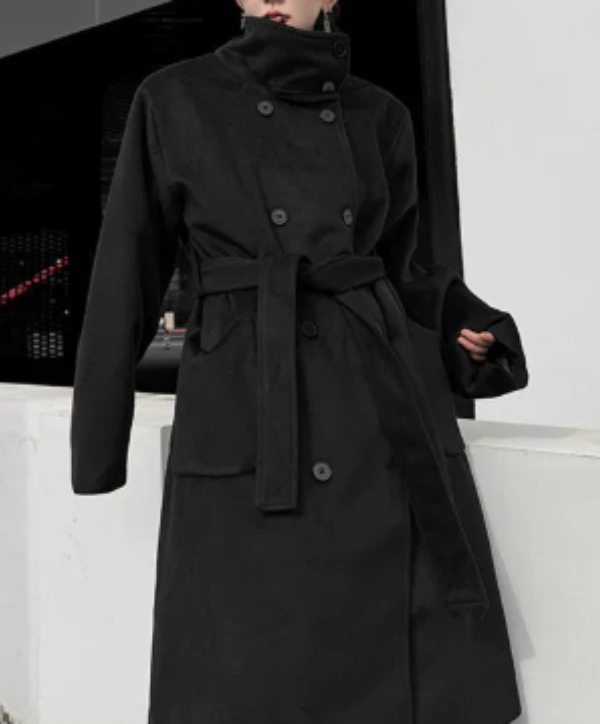 high-neck double-breasted long coat EN3230