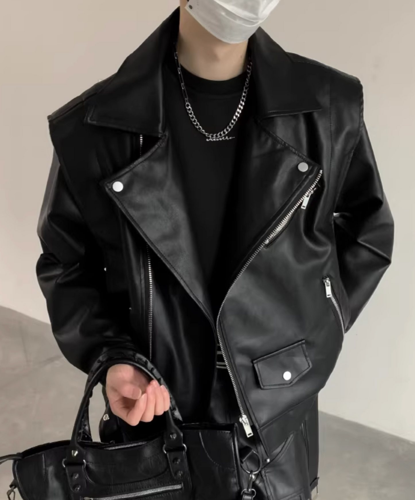 loose lapel pu leather jacket EN2621