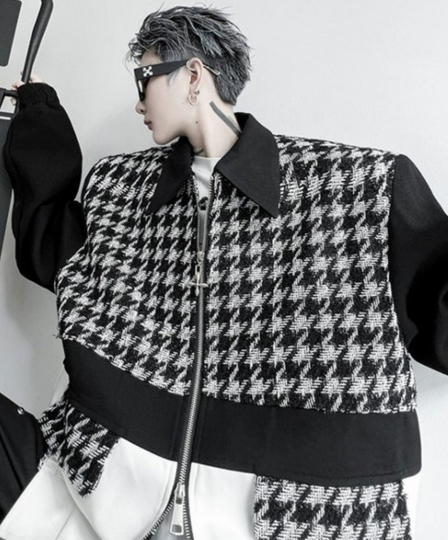 mixed materials houndstooth double zip jacket EN1917