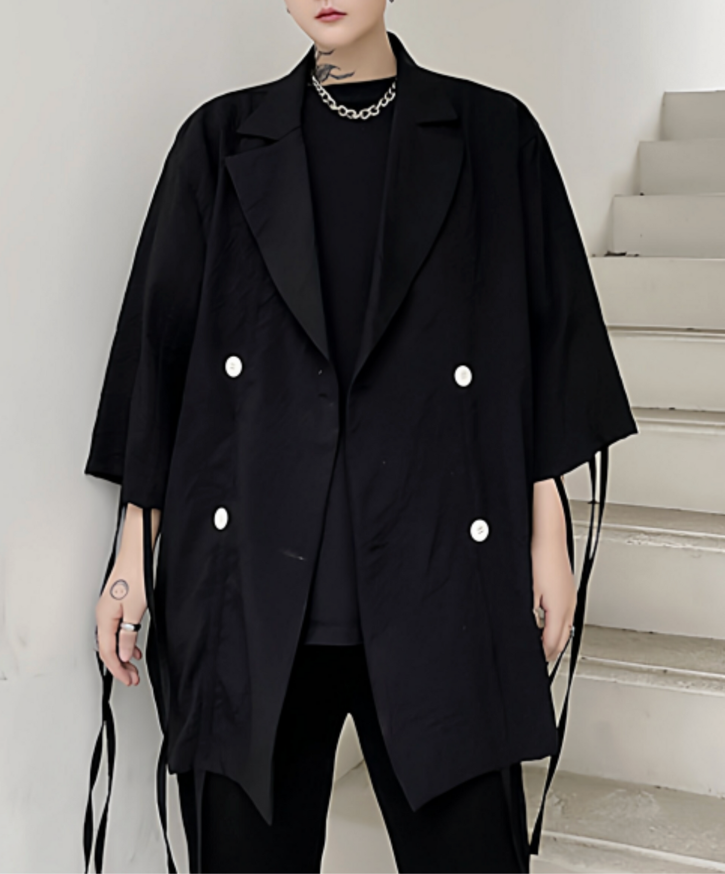 dark asymmetrical drawing process jacket EN2748