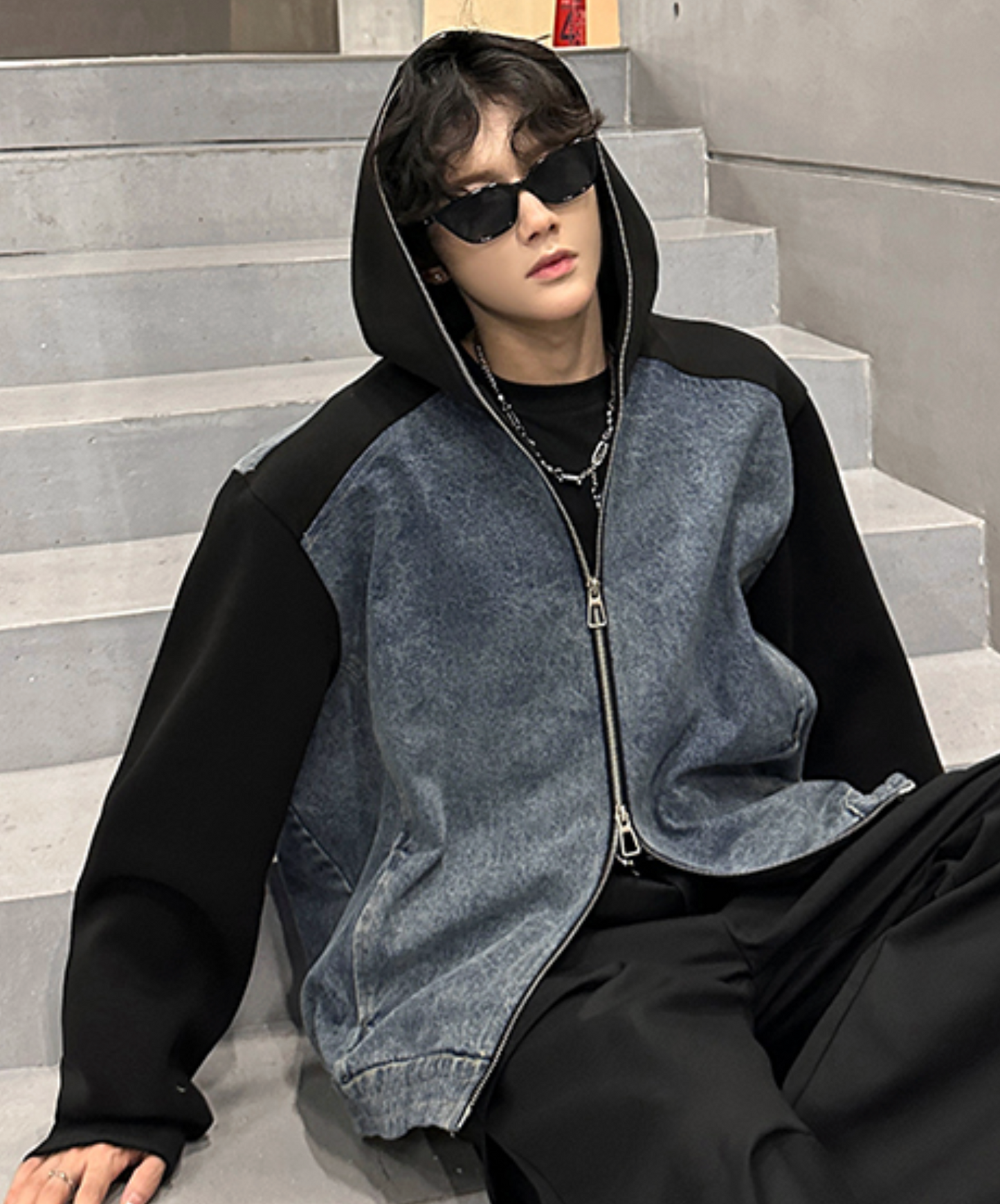 retro denim patchwork hoodie EN2476