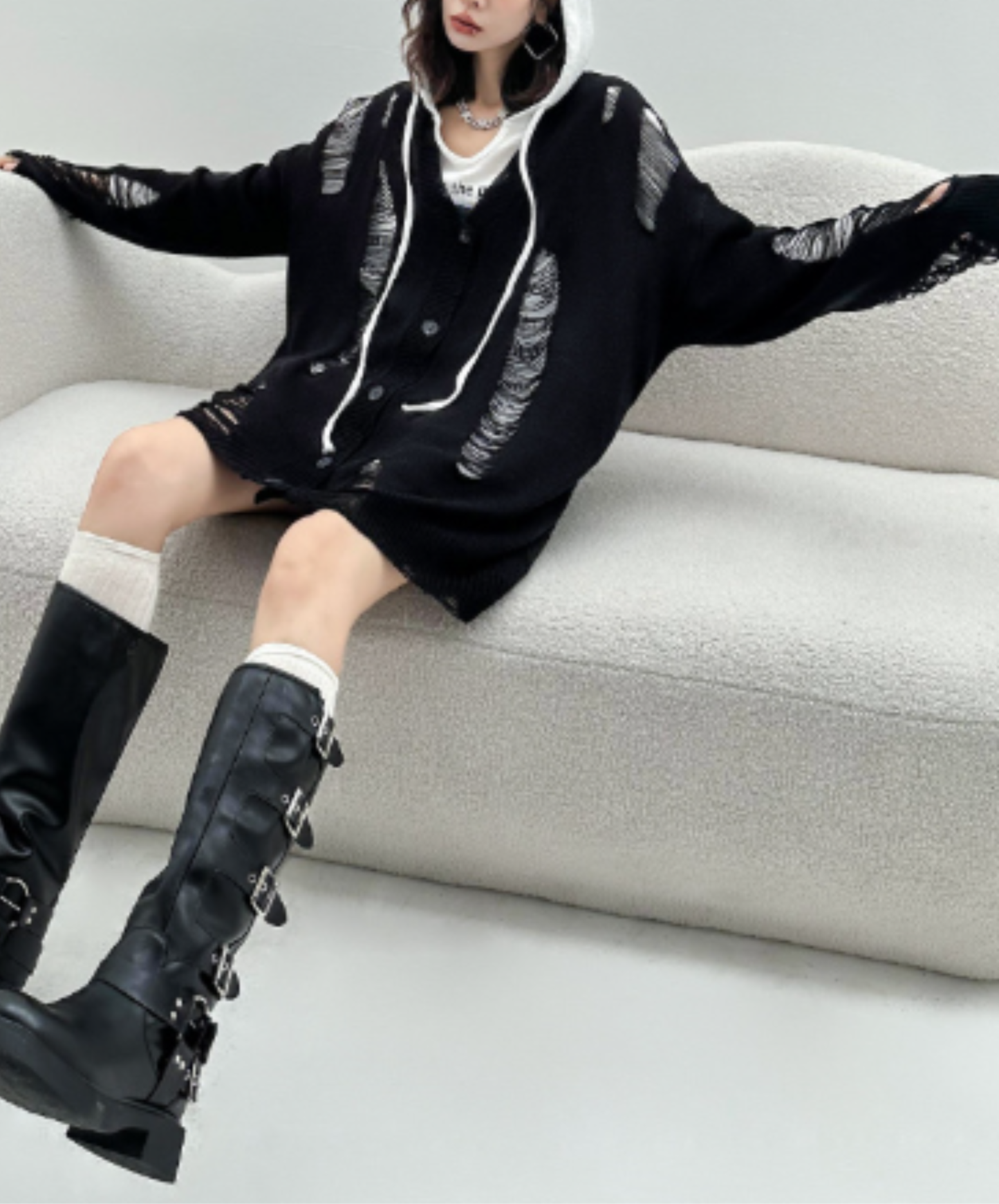 dolman-sleeve top with heavy distressing cardigan EN3123