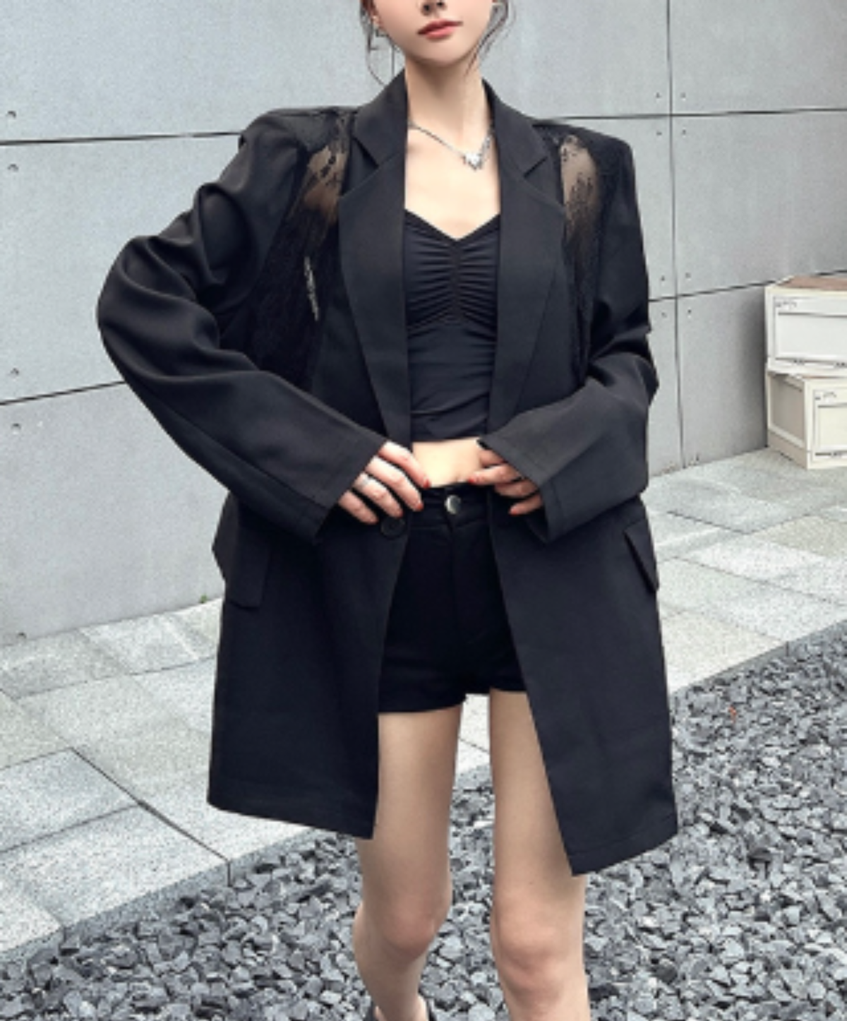 sheer lace panel design jacket EN3184