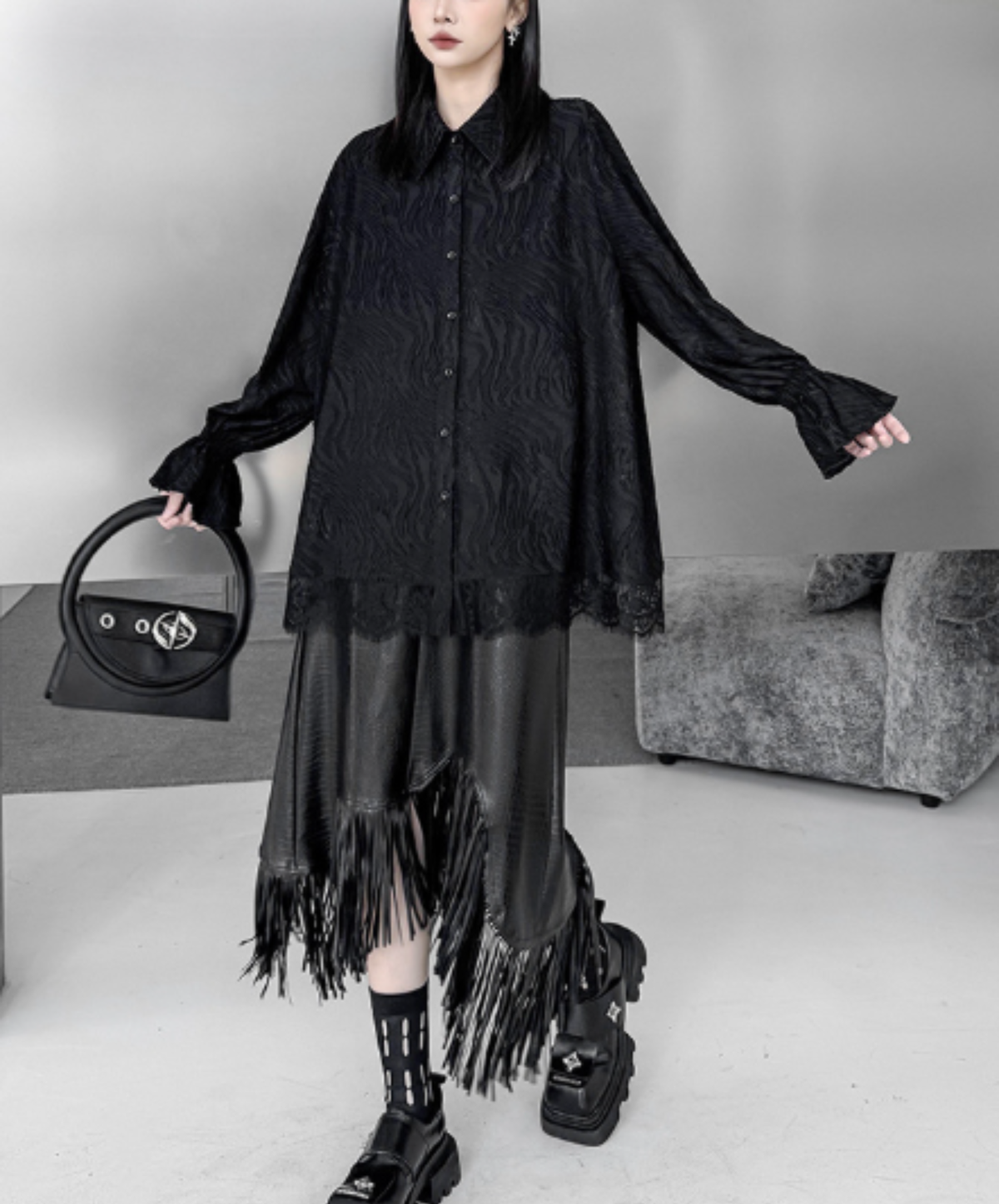 flared-line lace decoration shirt EN3174