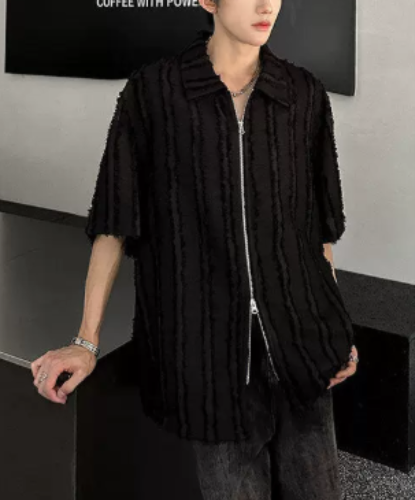 frayed design double zipper shirt EN2976