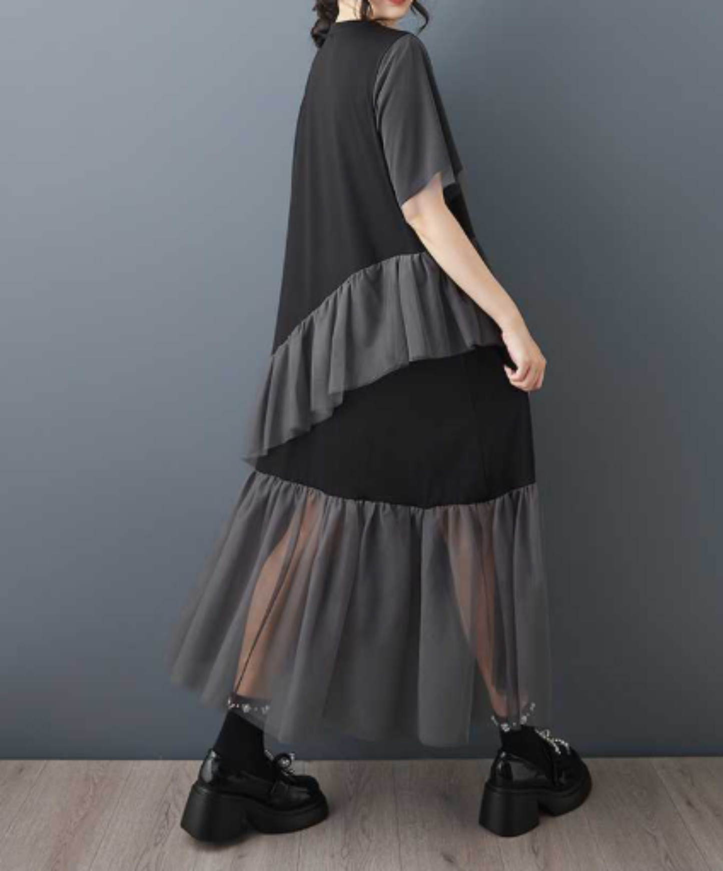 asymmetrical mesh patchwork design t-shirt EN3045