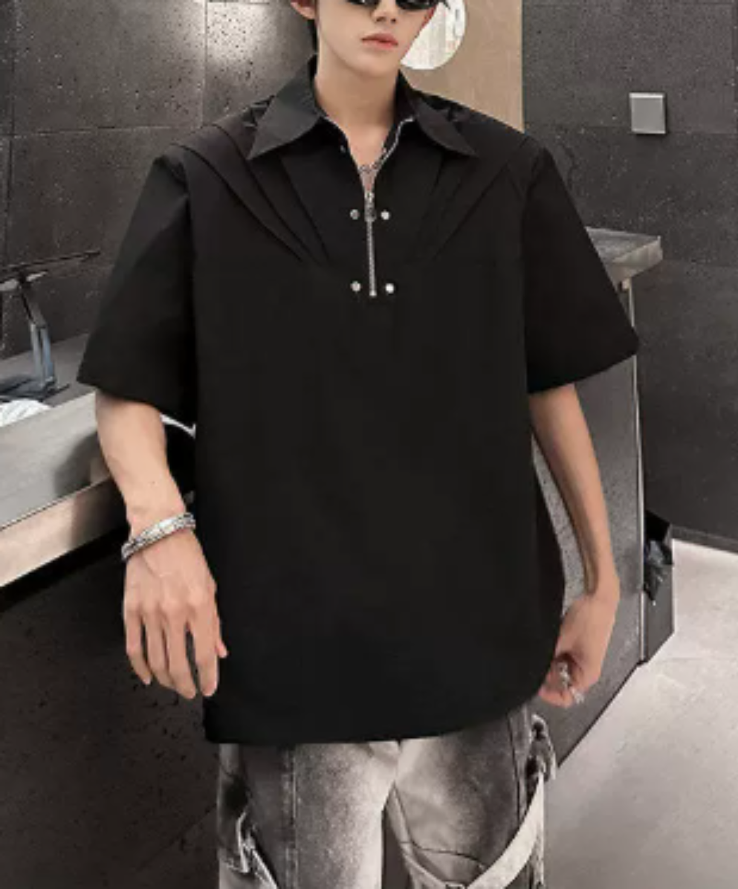 tuck shoulder metal zipper shirt EN2927
