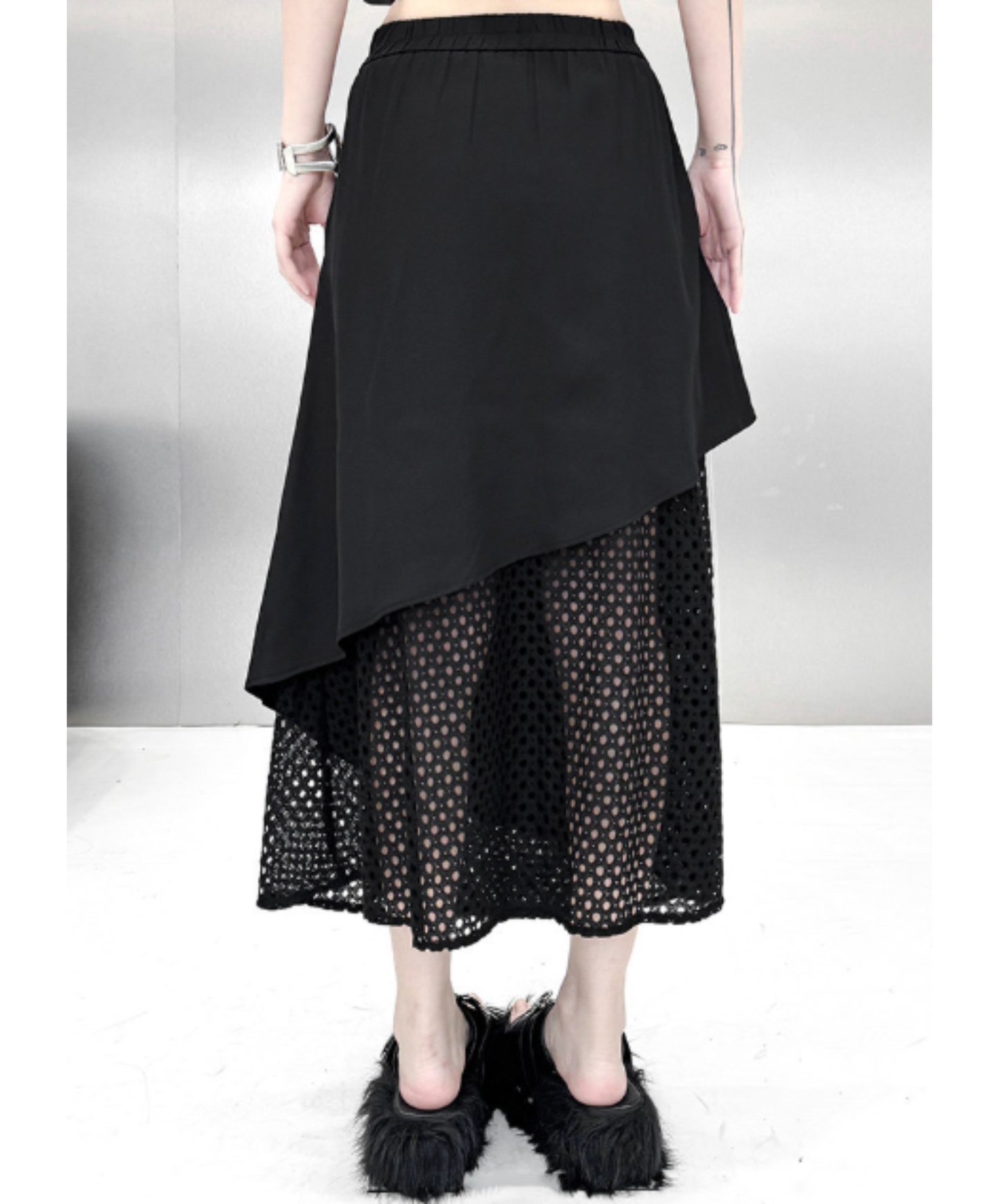 dark irregular design mesh long skirt EN2947