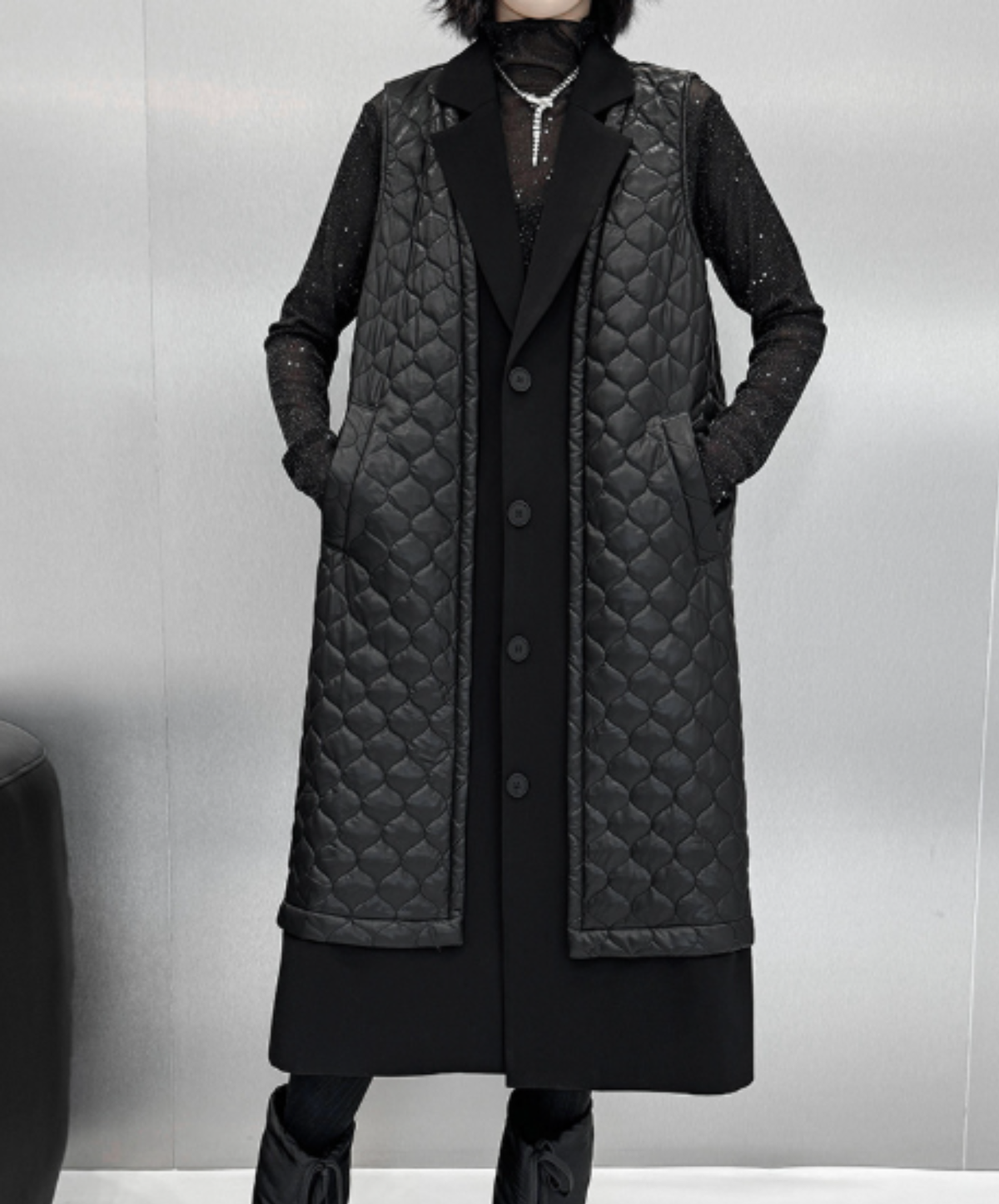 quilted-pattern lapel panel vest  EN3200