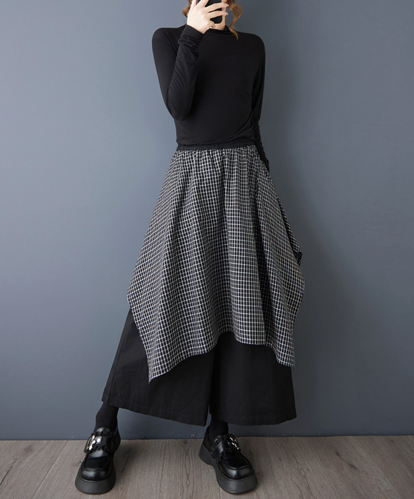 dark fake two-piece checkered flare wide pants EN2767