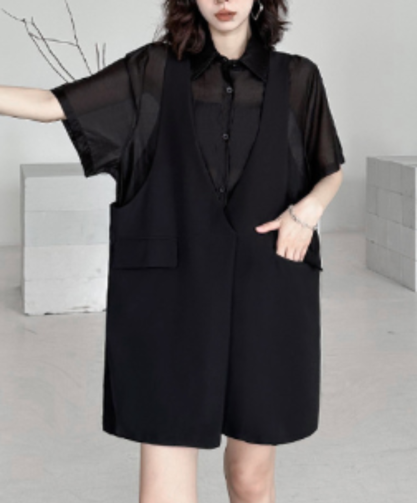 dark fake two-piece loose sheer shirt EN2977
