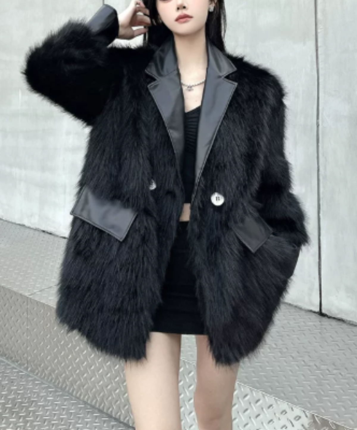 dark shaggy lapel mixed-material paneling jacket EN3188