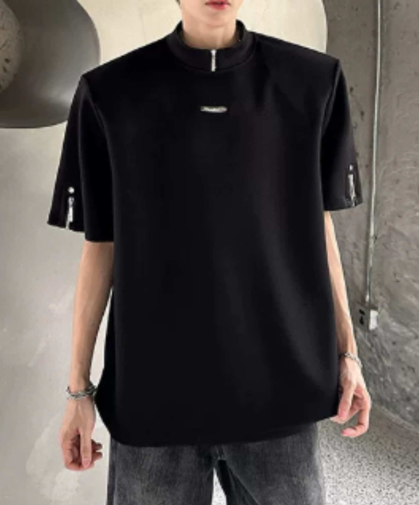 high neck, loose zipper detail t-shirt EN2931