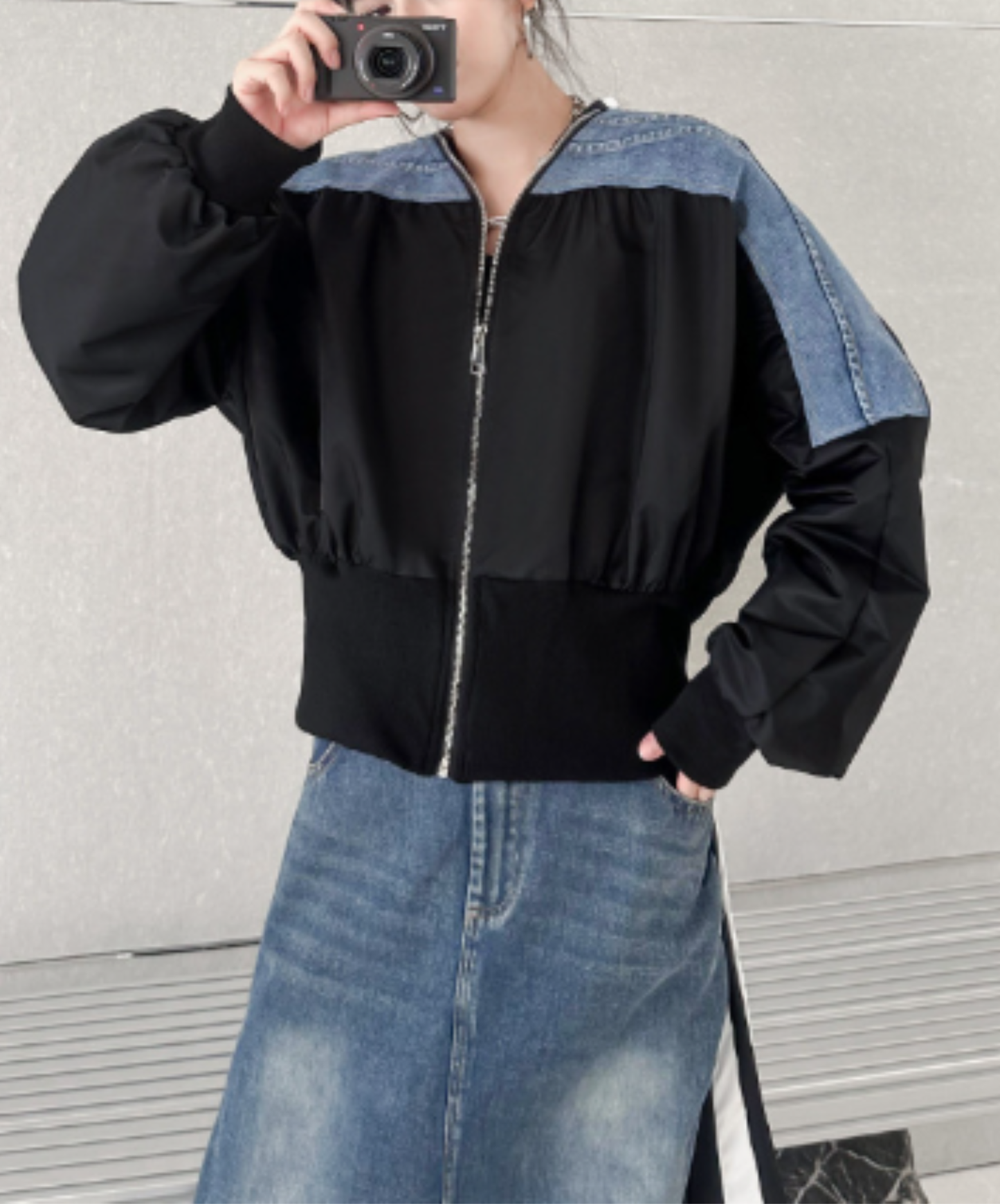 cropped denim patchwork style zipper jacket EN3112