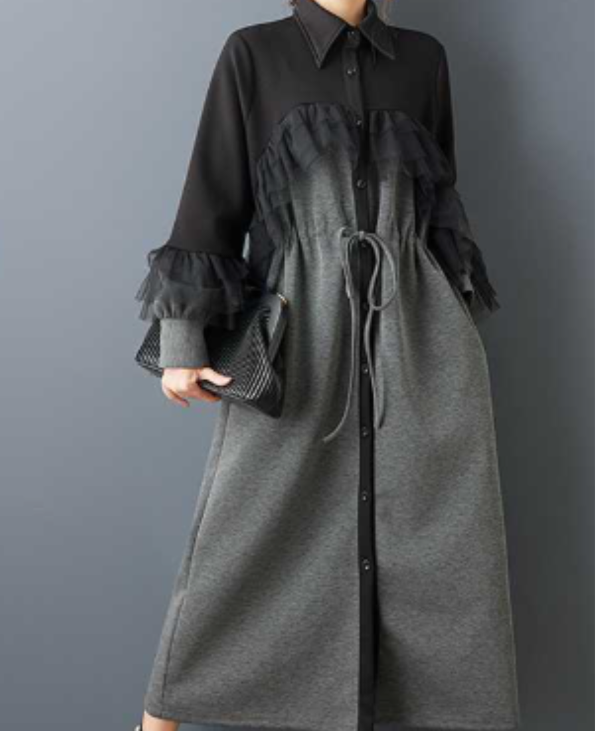 drawstring design tulle ruffle detailing long shirt EN3234