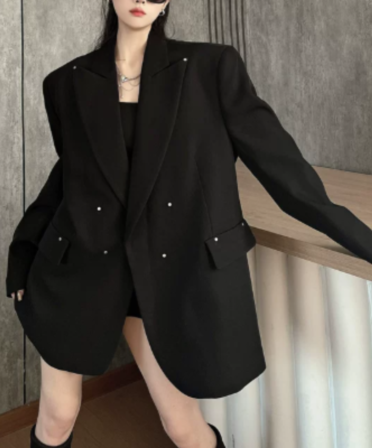 dark shaggy lapel mixed-material paneling jacket EN3190
