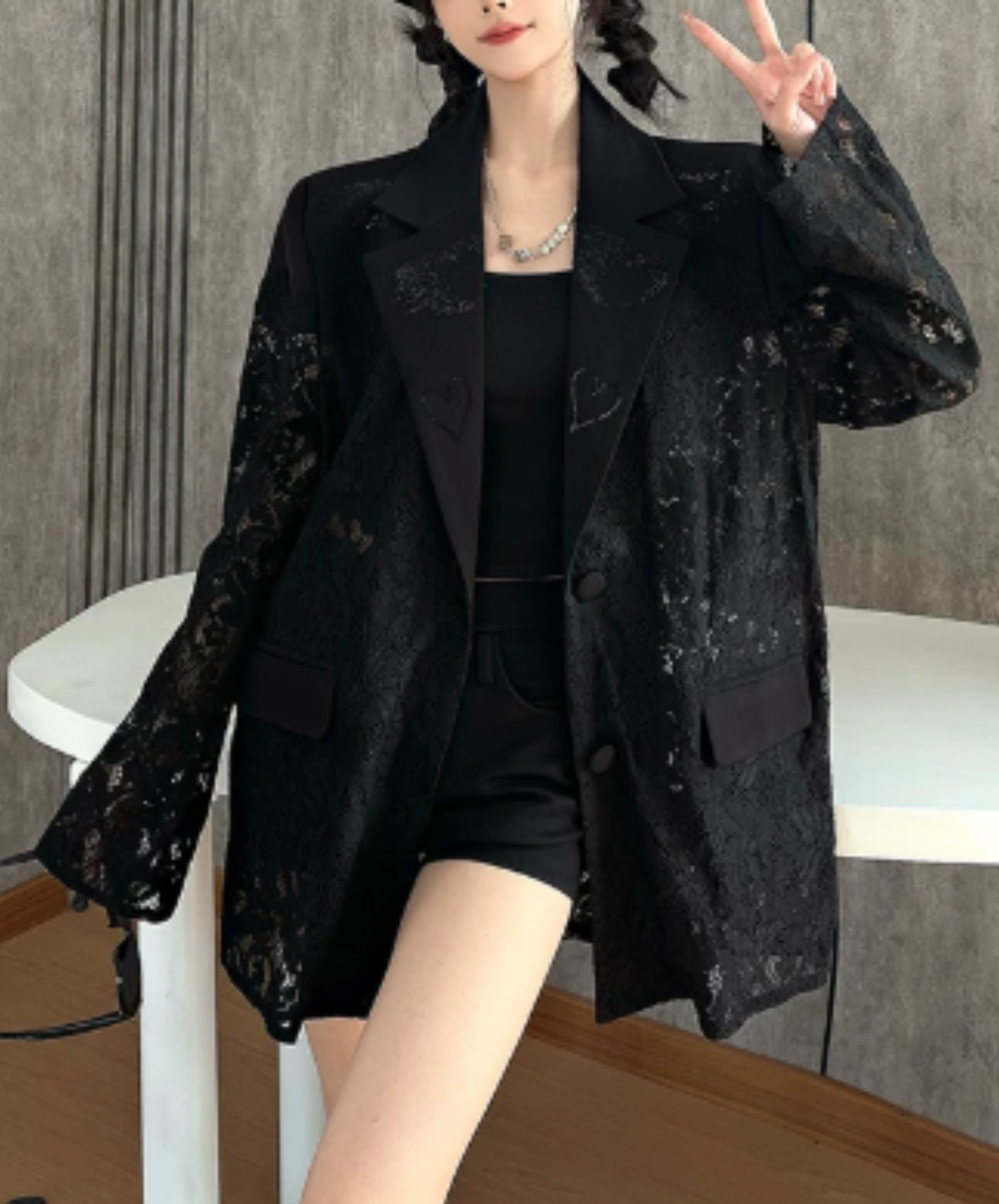 dark lace-panelled openwork design jacket EN3139