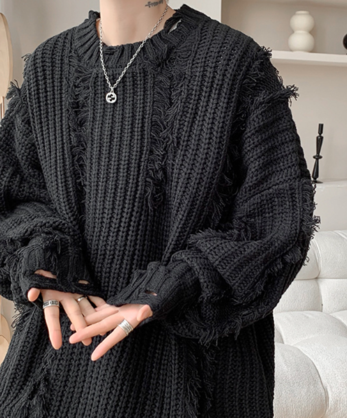 dark fringe-detail distressed finish sweater EN3177