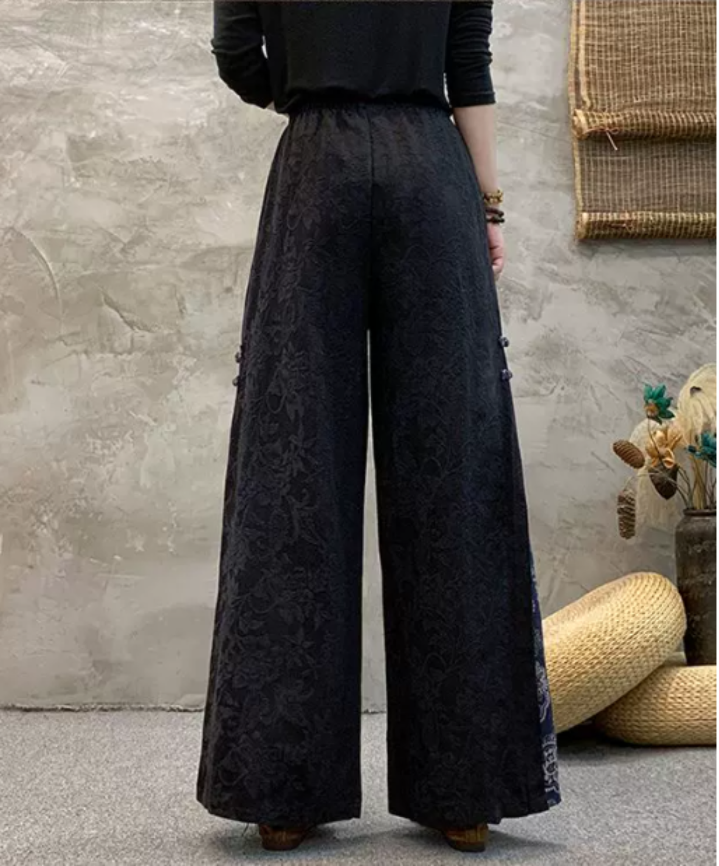 ethnic-style embroidered jacquard wide pants EN2887