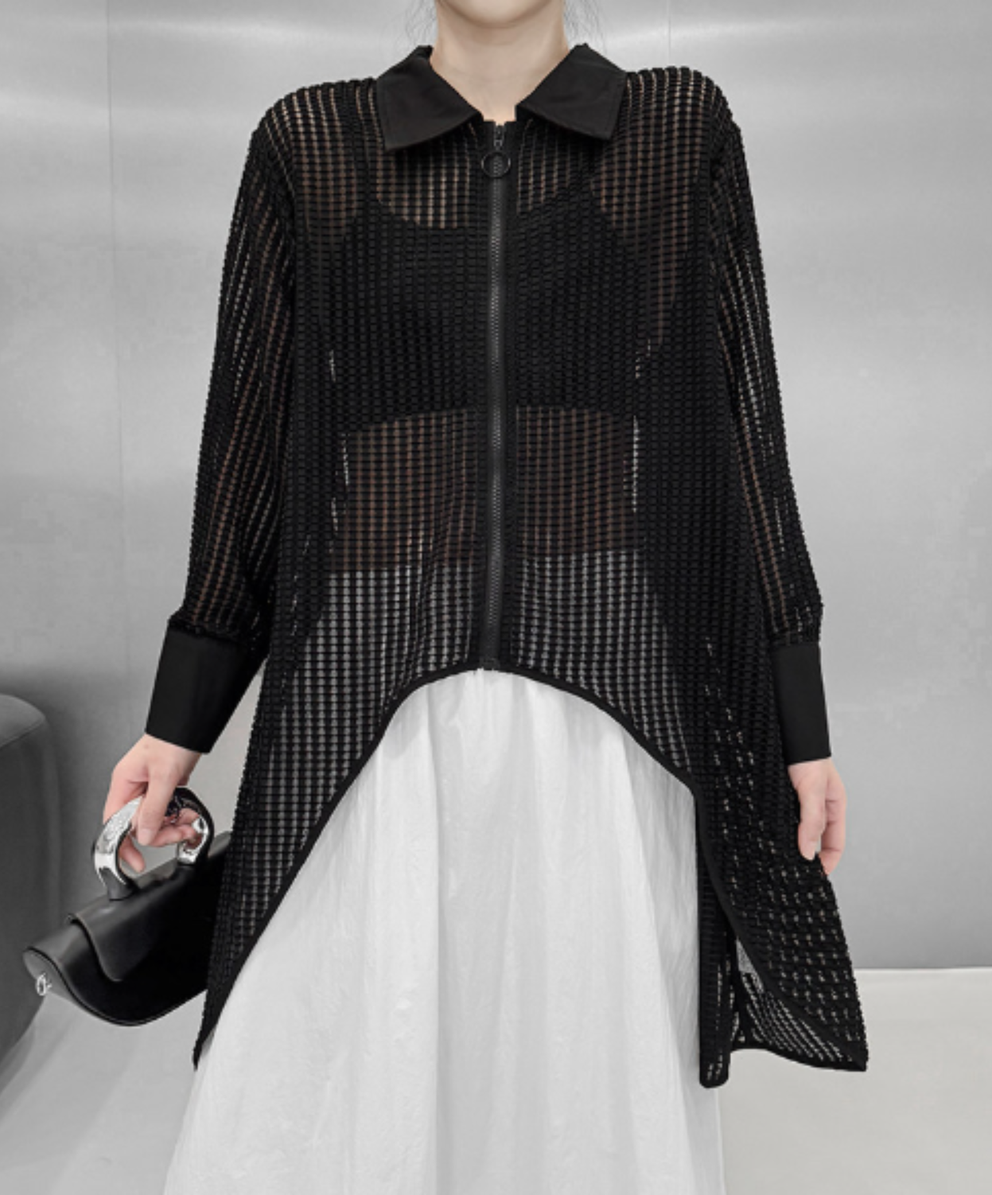 dark Irregular design ring fastener sheer shirt EN2967