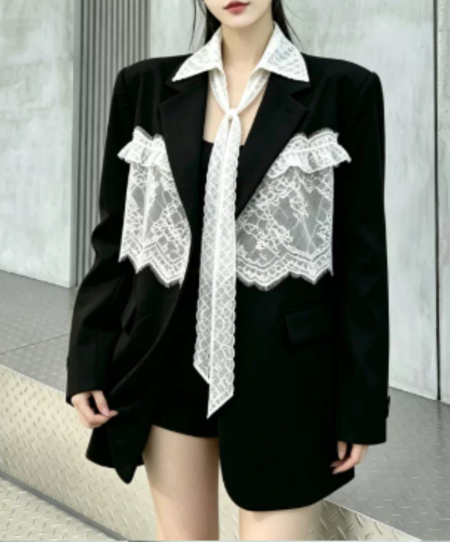 panelled design with a lace bow tie jacket EN3166