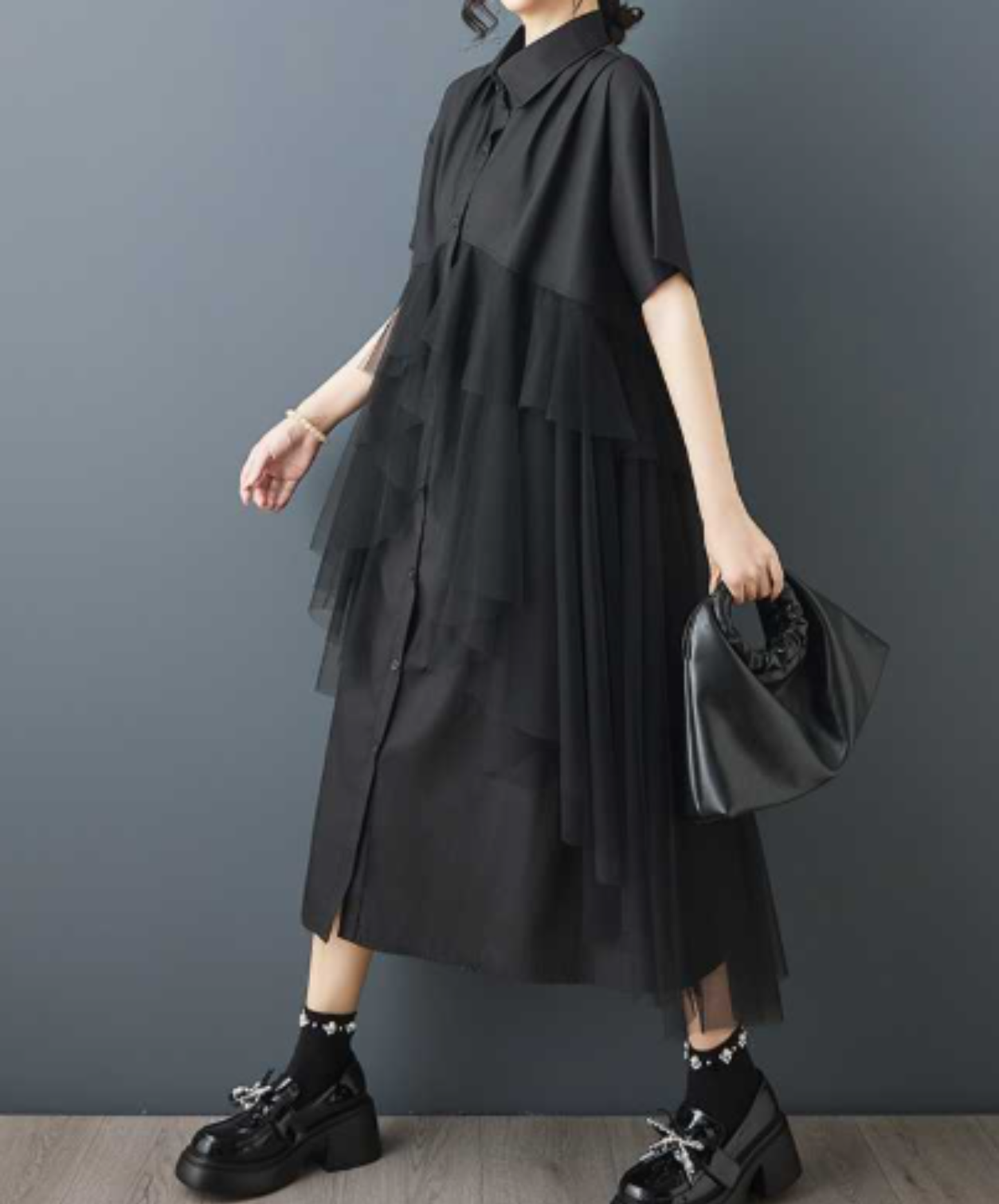 dark mesh patchwork long shirt EN3054