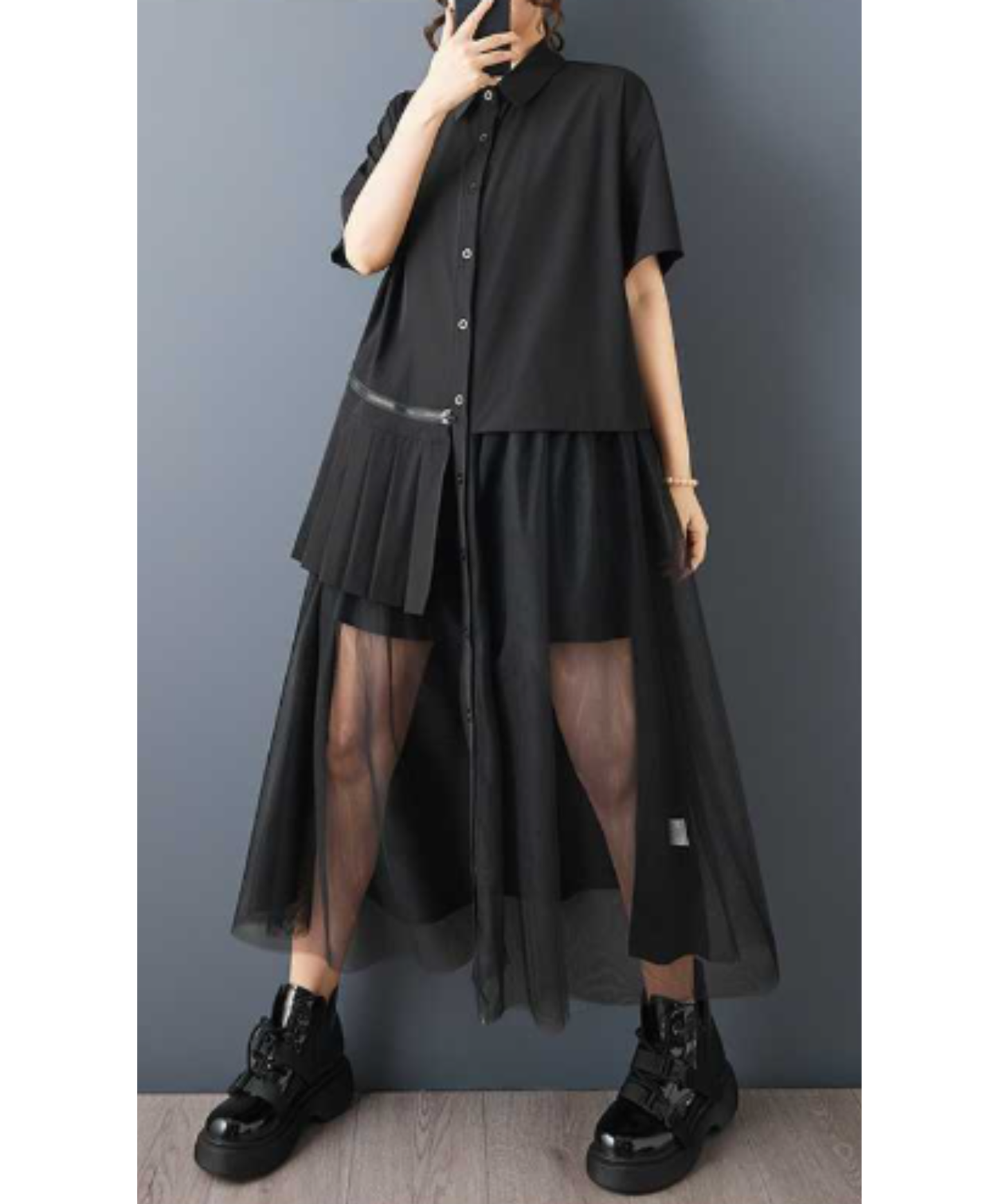asymmetric mesh long shirt EN2895