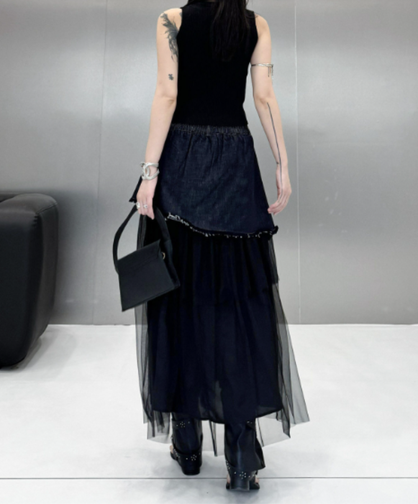 asymmetrical denim patchwork mesh design skirt EN3066