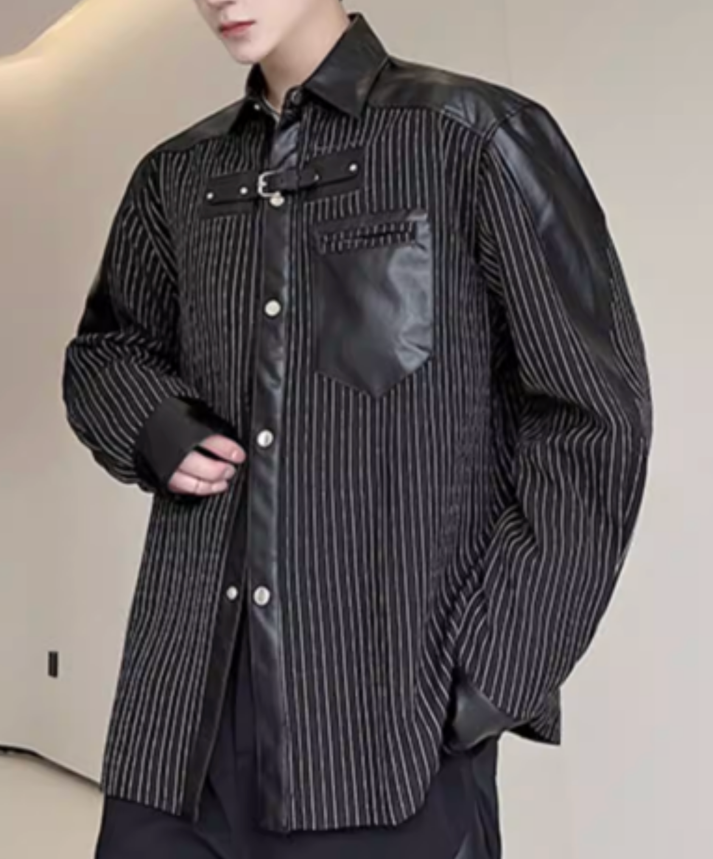thin striped leather patchwork shirt EN2817