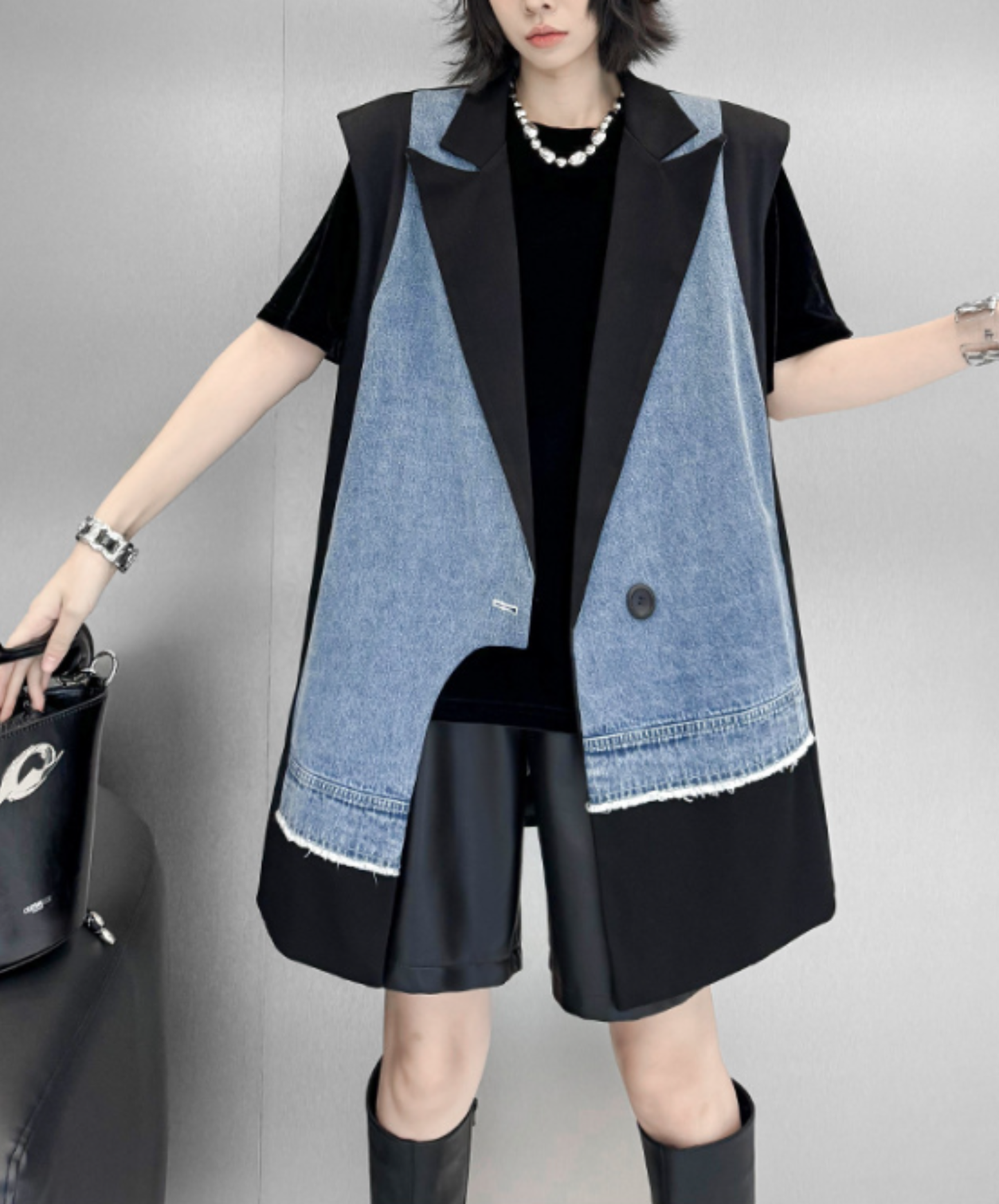 denim patchwork asymmetric vest EN2893