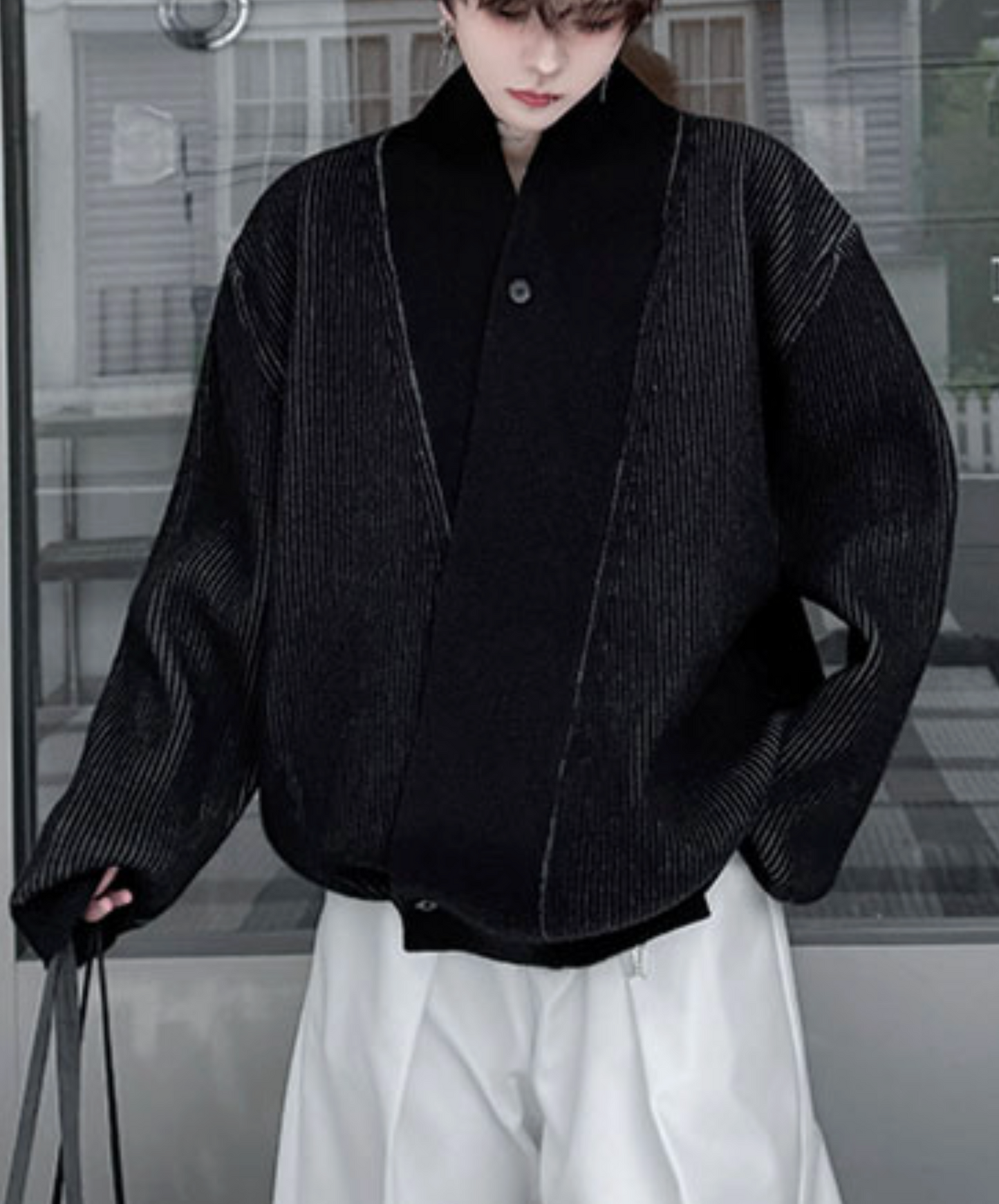 plain x striped knit cardigan EN2531