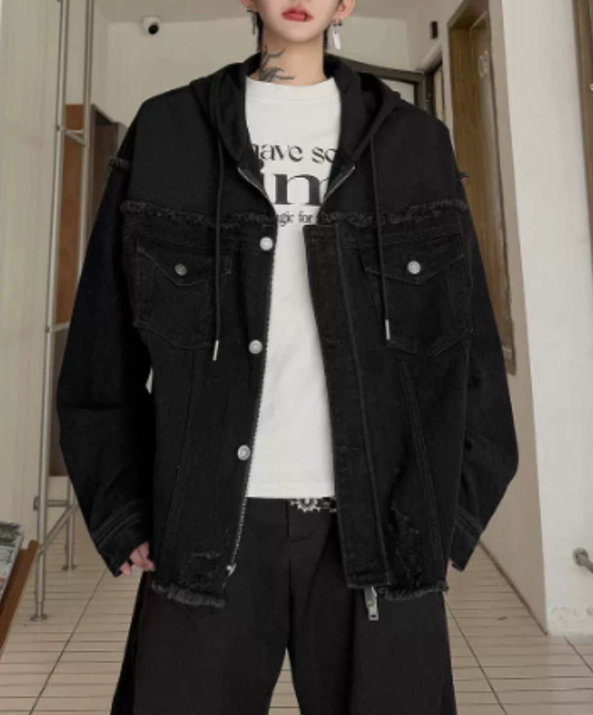 paneled fringed, and distressed jacket EN3239