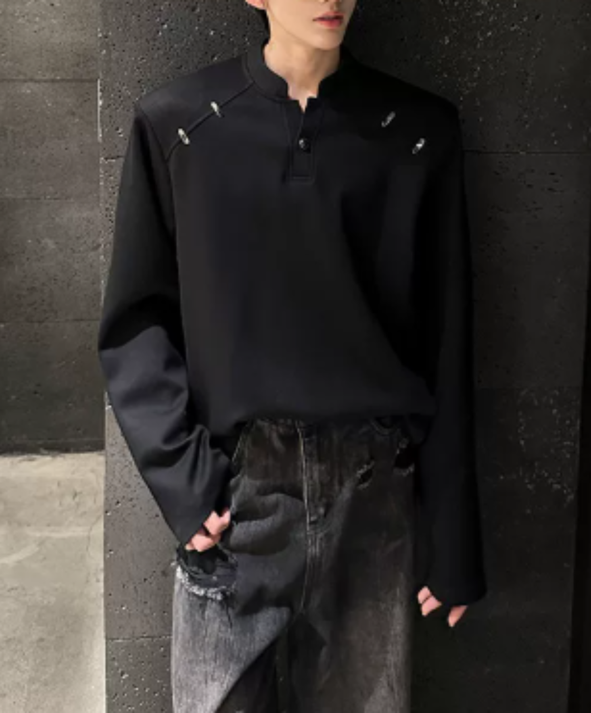 stand collar metal embellishments t-shirt EN3236