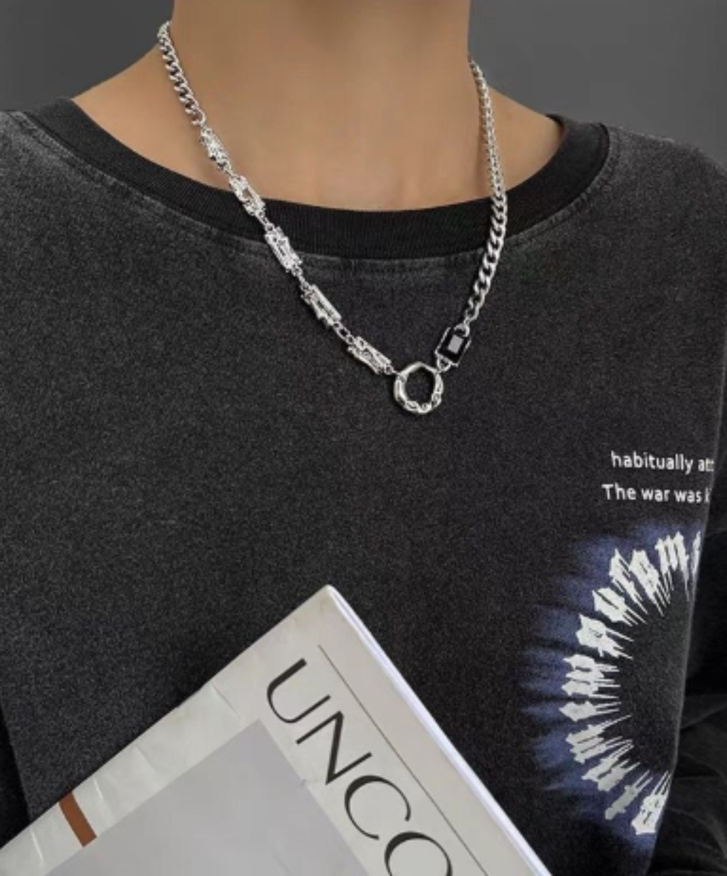 black crystal and titanium chain necklace EN3035