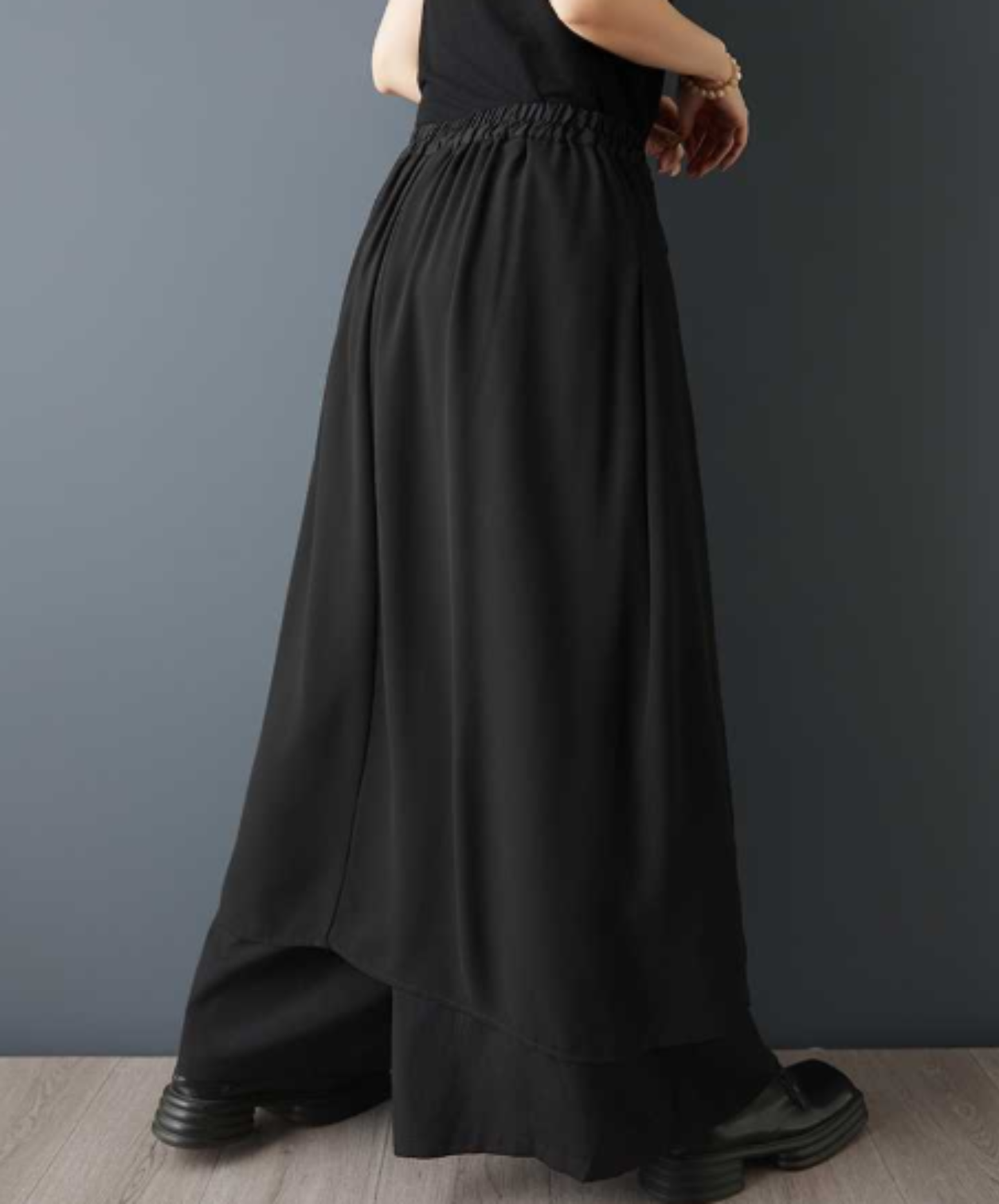 dark asymmetrical chiffon patchwork wide pants EN3062