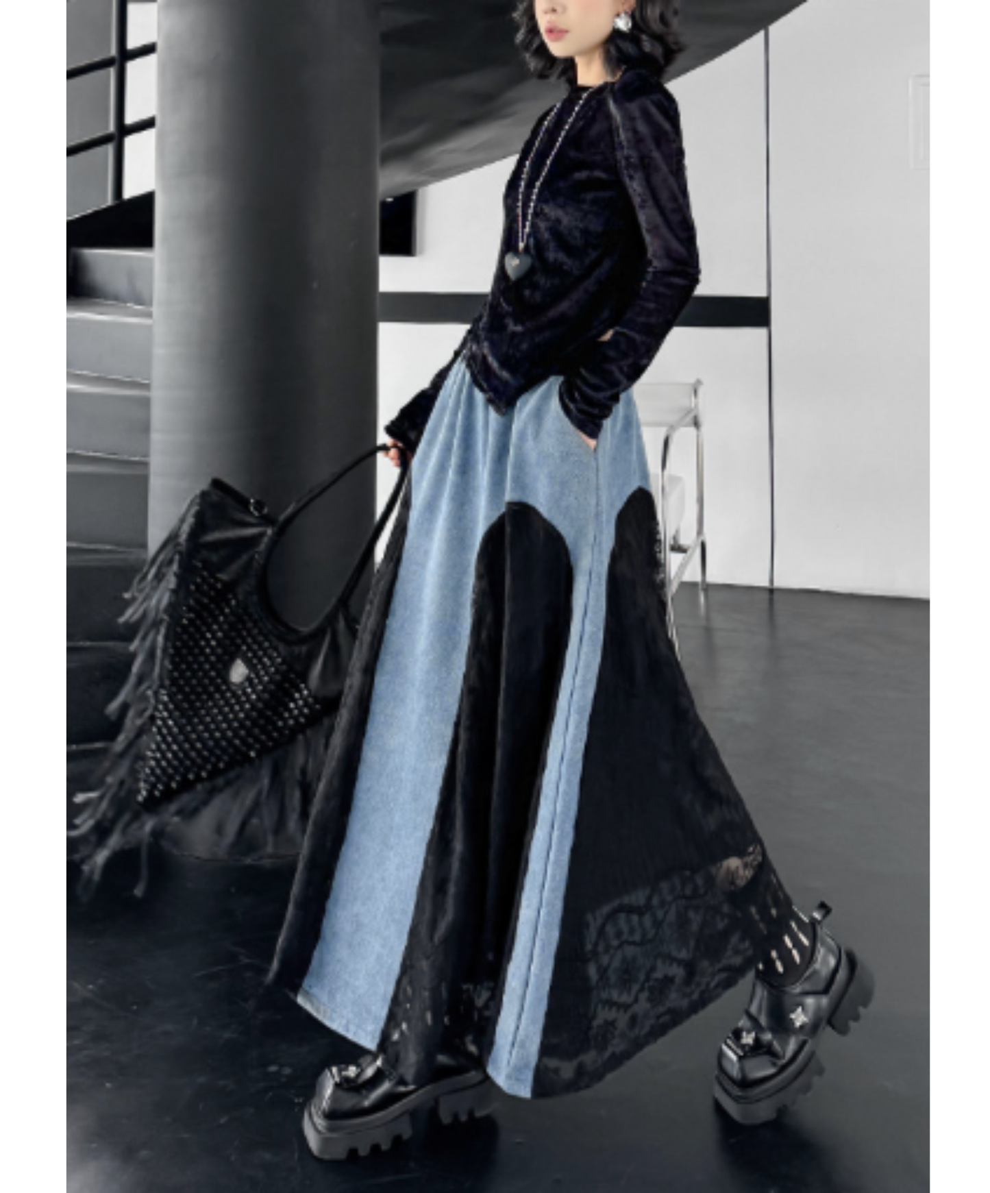 denim x lace patchwork skirt EN2894