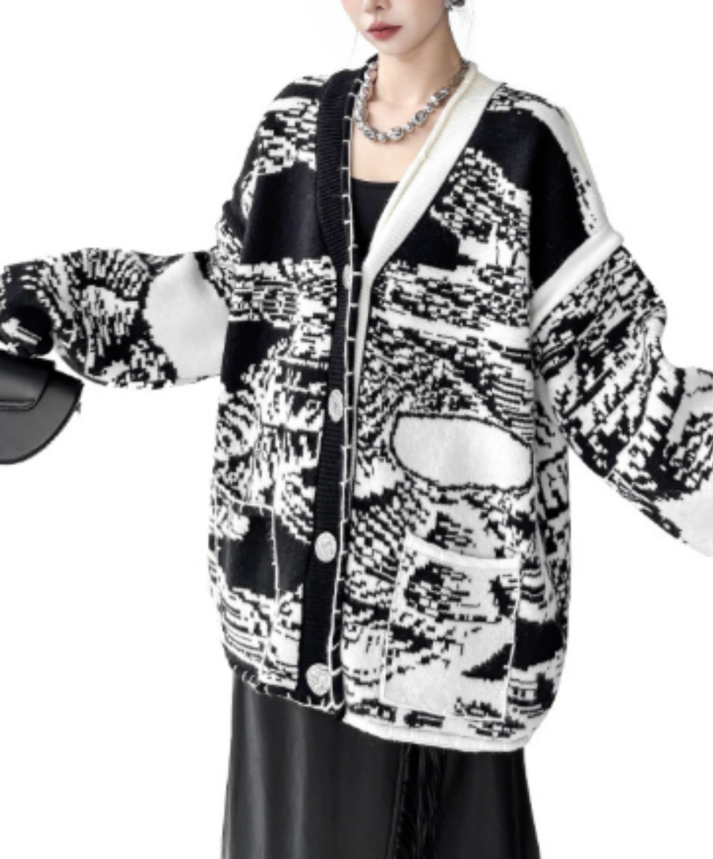 oversized design with spliced paneling cardigan EN3156