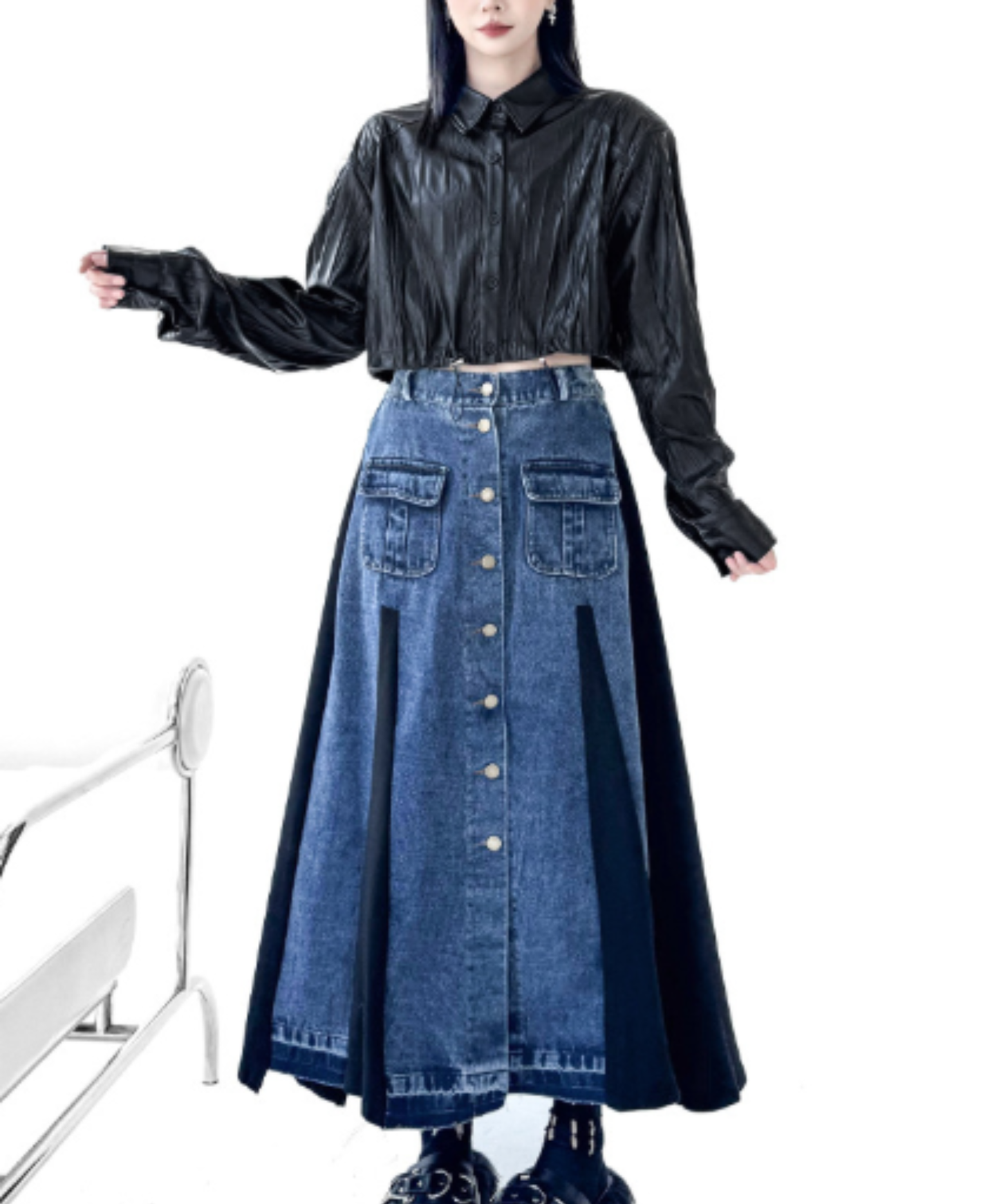 a-line denim patchwork piece skirt EN3113