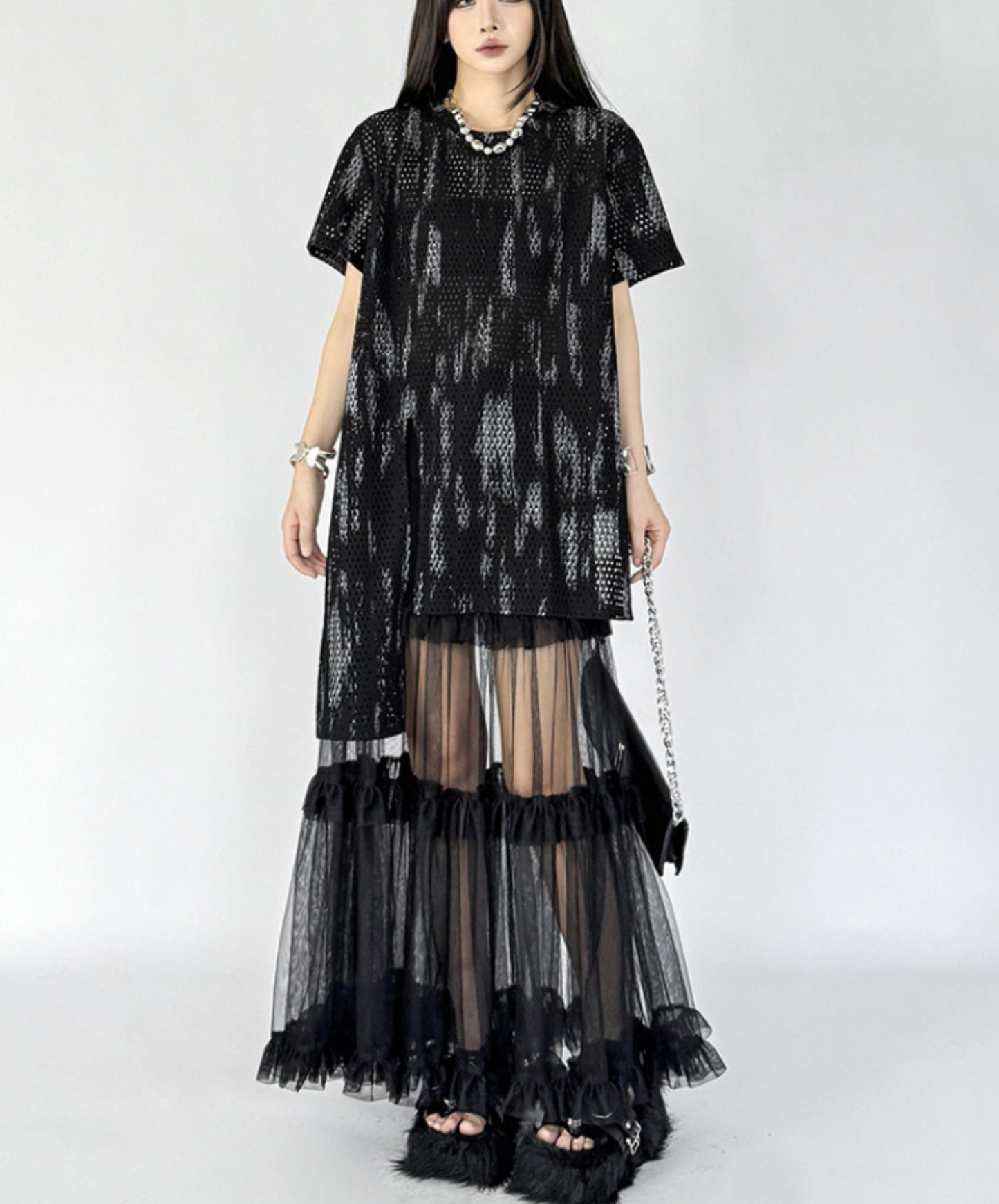 printed mesh asymmetrical t-shirt EN2840