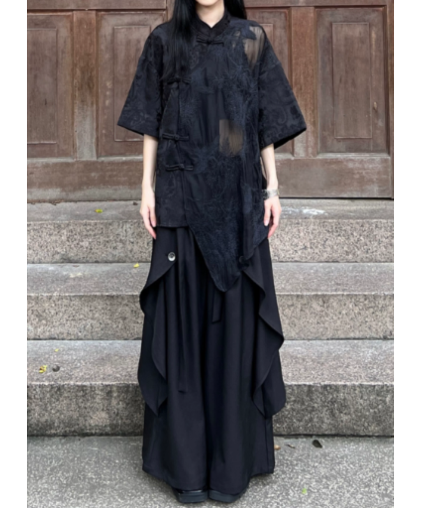 chinese-style embroidered jacquard sheer shirt EN3024