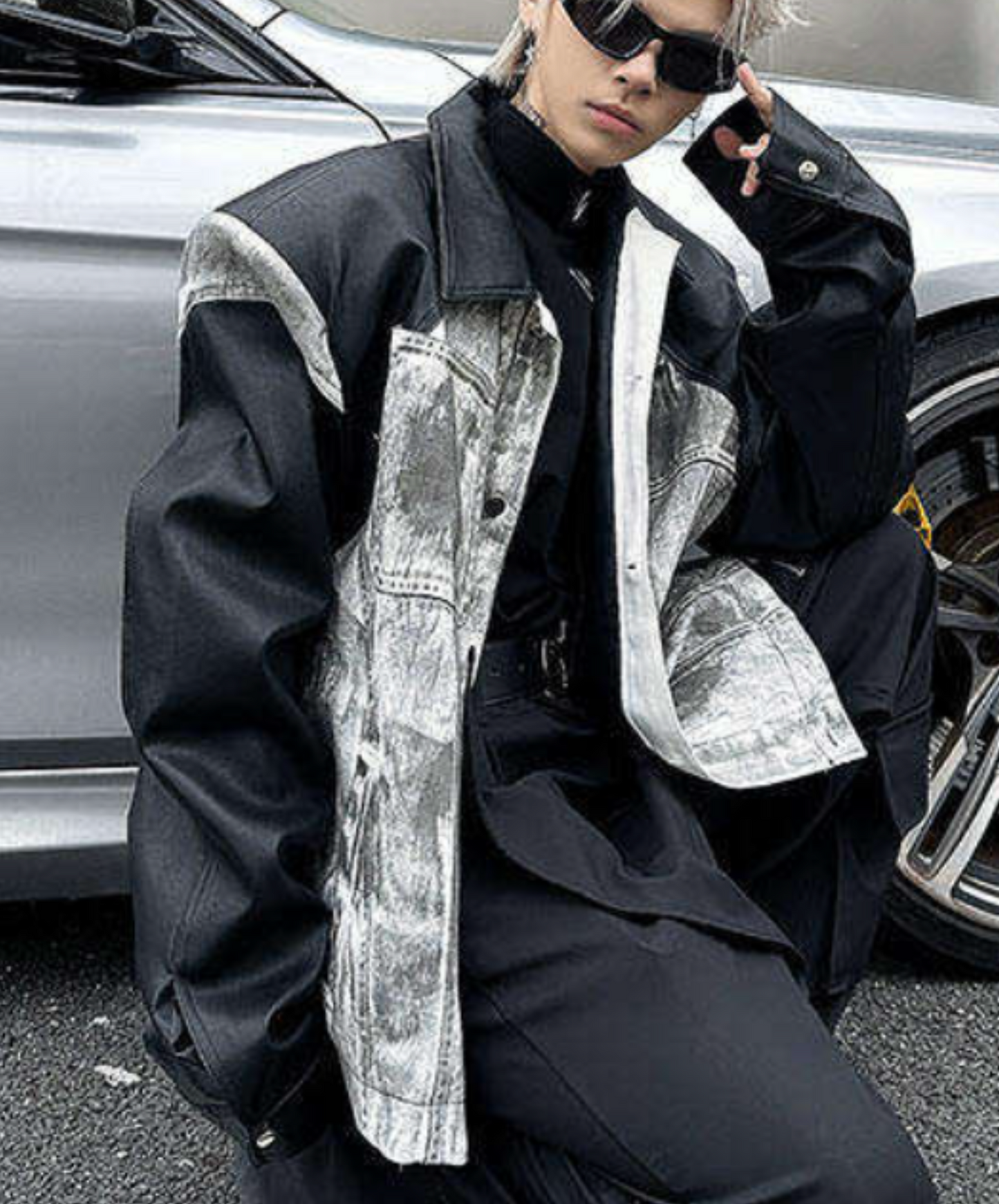 denim print x pu leather patchwork jacket EN2657