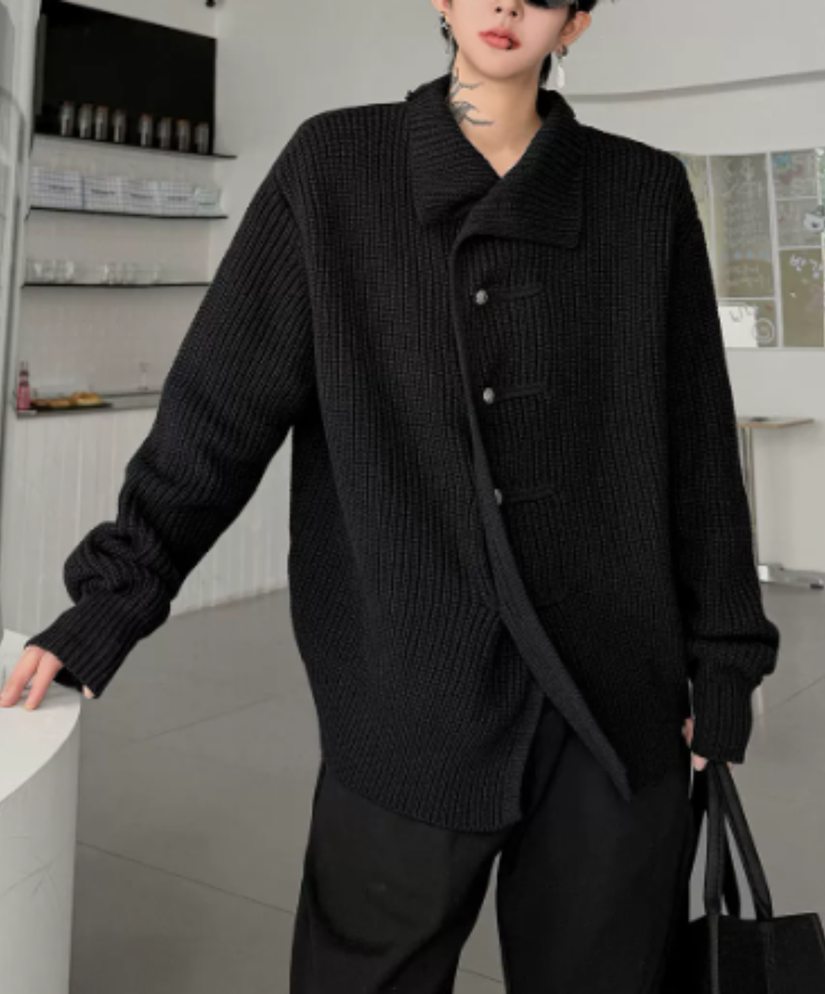 high-neck raised-relief knitting cardigan EN3256